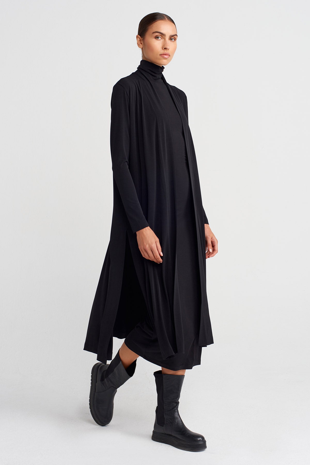 Black Long Back Slit Jersey Cardigan-K255015104