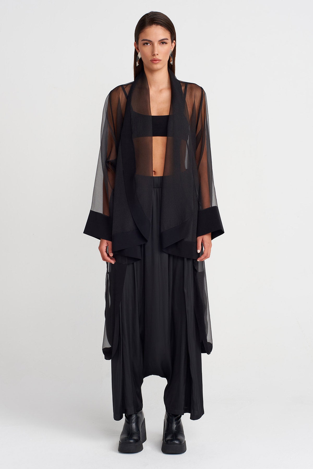 Black Long Cape-Formed Organza Jacket-K255015110