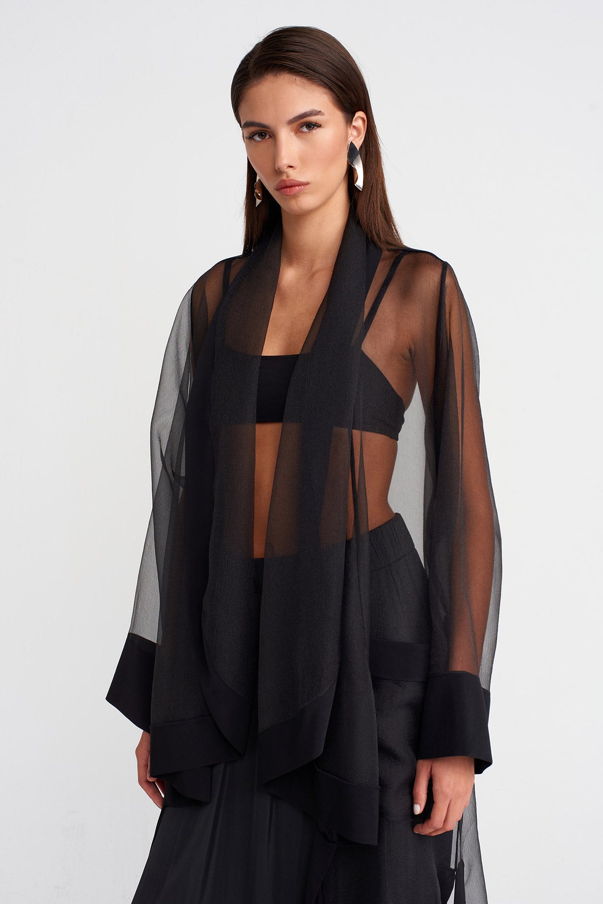 Black Long Cape-Formed Organza Jacket-K255015110