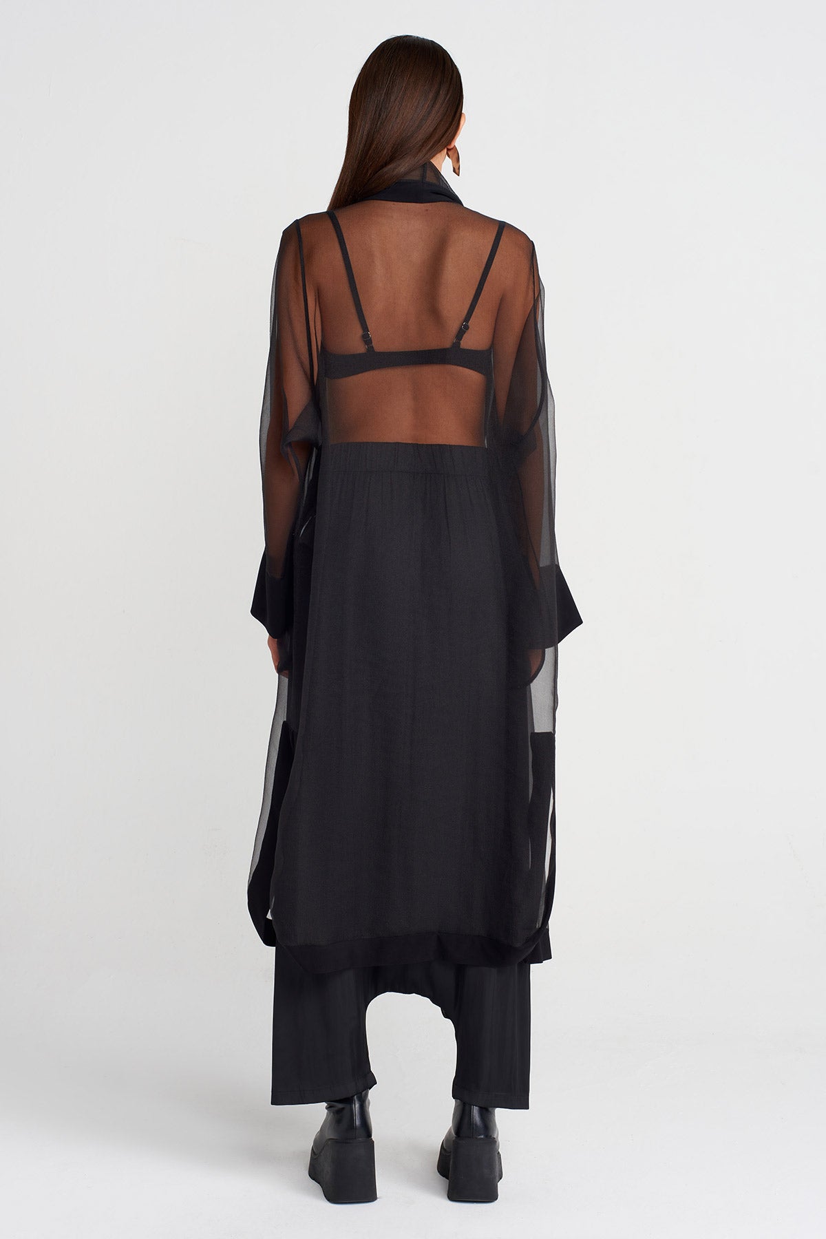 Black Long Cape-Formed Organza Jacket-K255015110