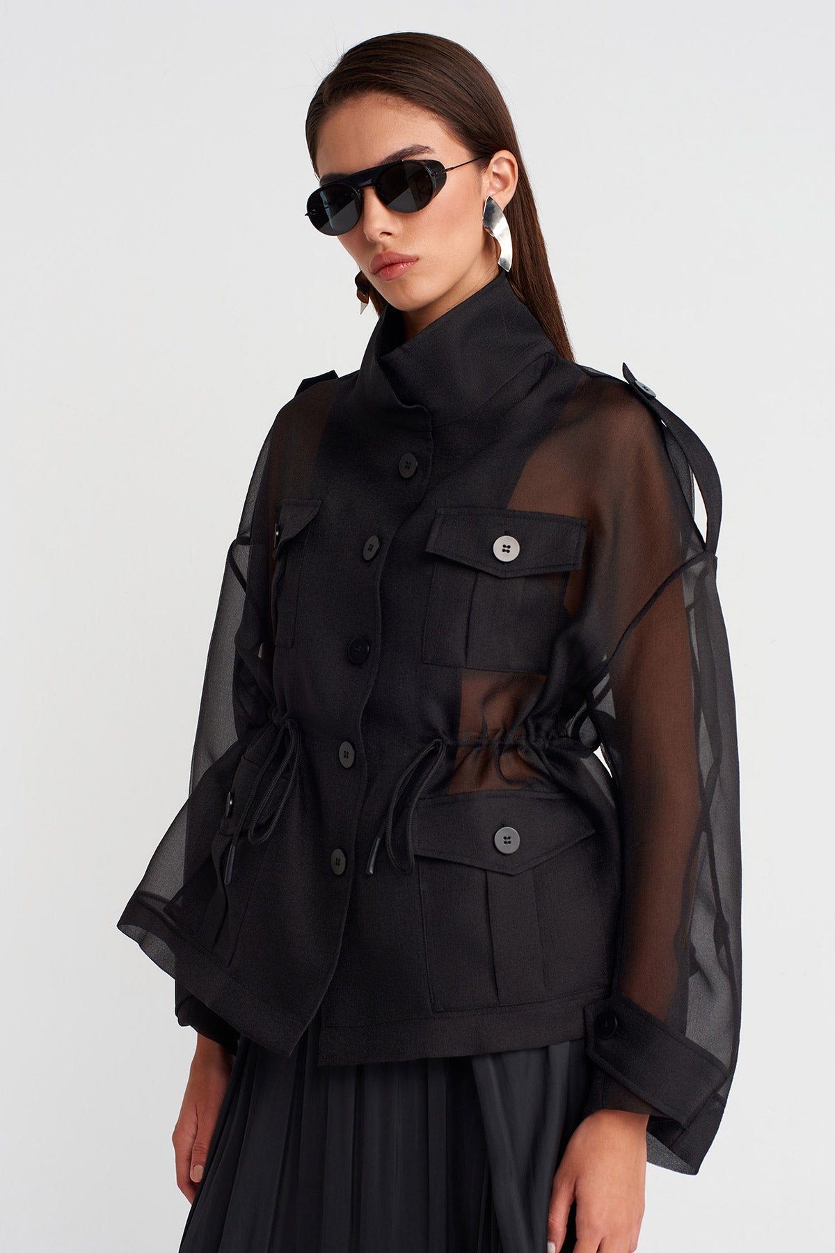 Black Organza Jacket with Drawstring Waist-K255015111