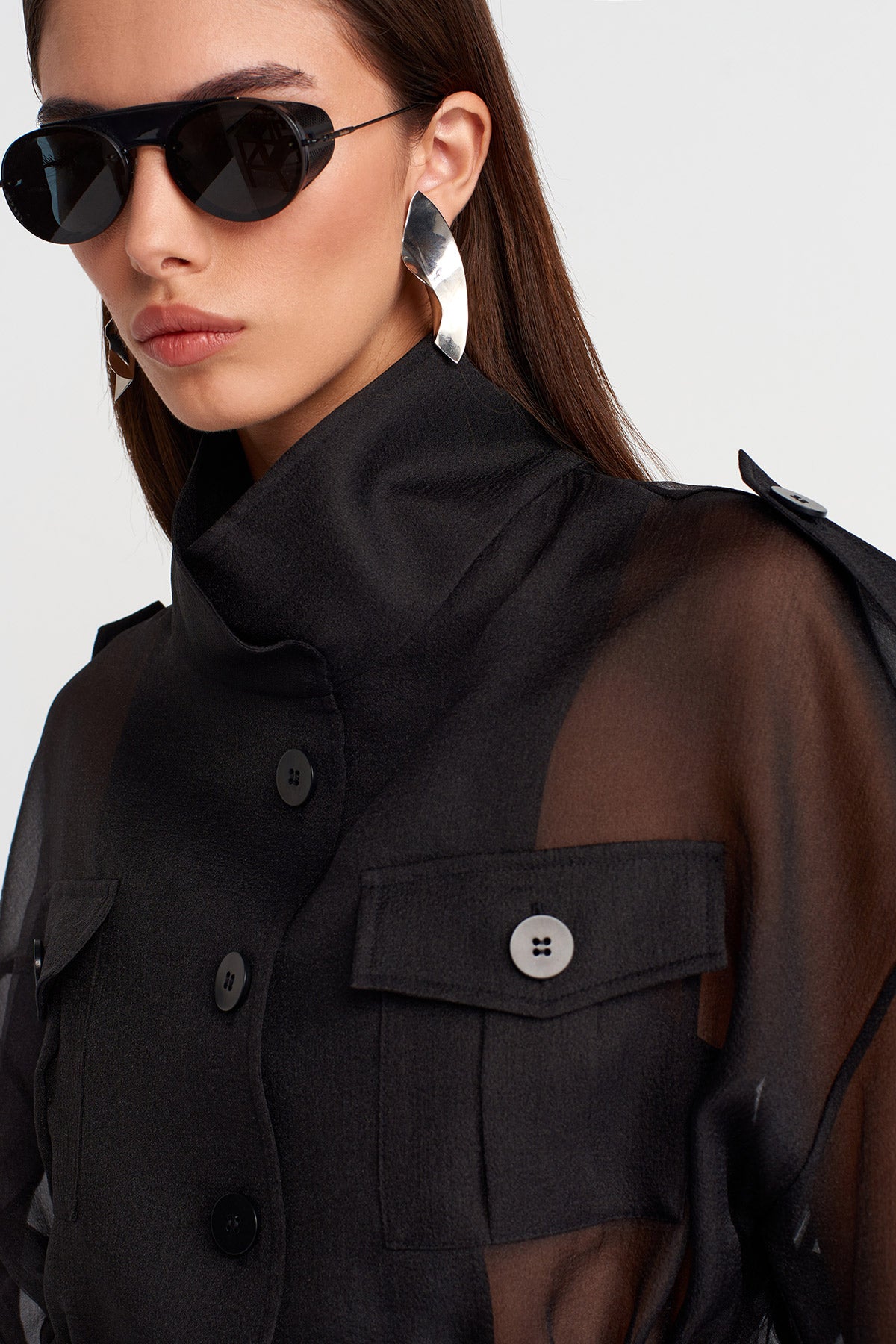 Black Organza Jacket with Drawstring Waist-K255015111