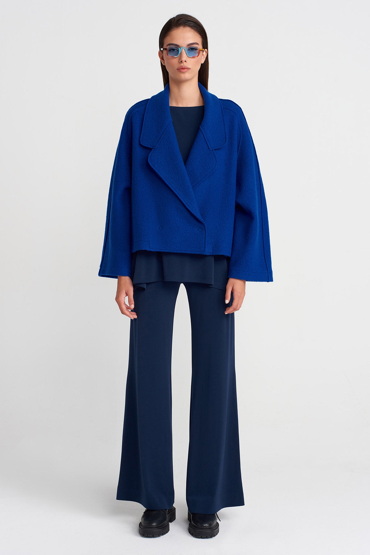 Navy Blue Short Wool Oversize Jacket-K255015114