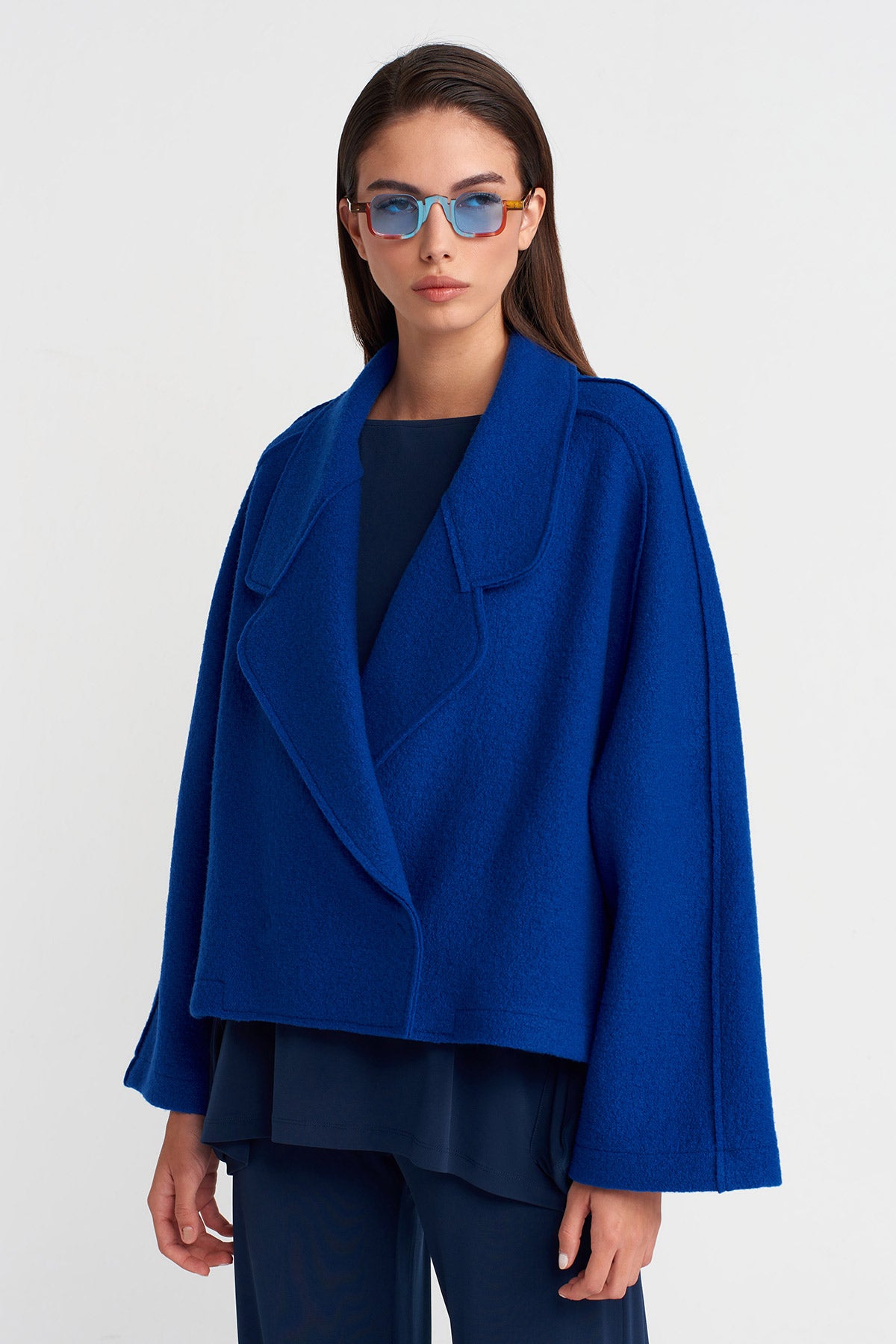 Navy Blue Short Wool Oversize Jacket-K255015114