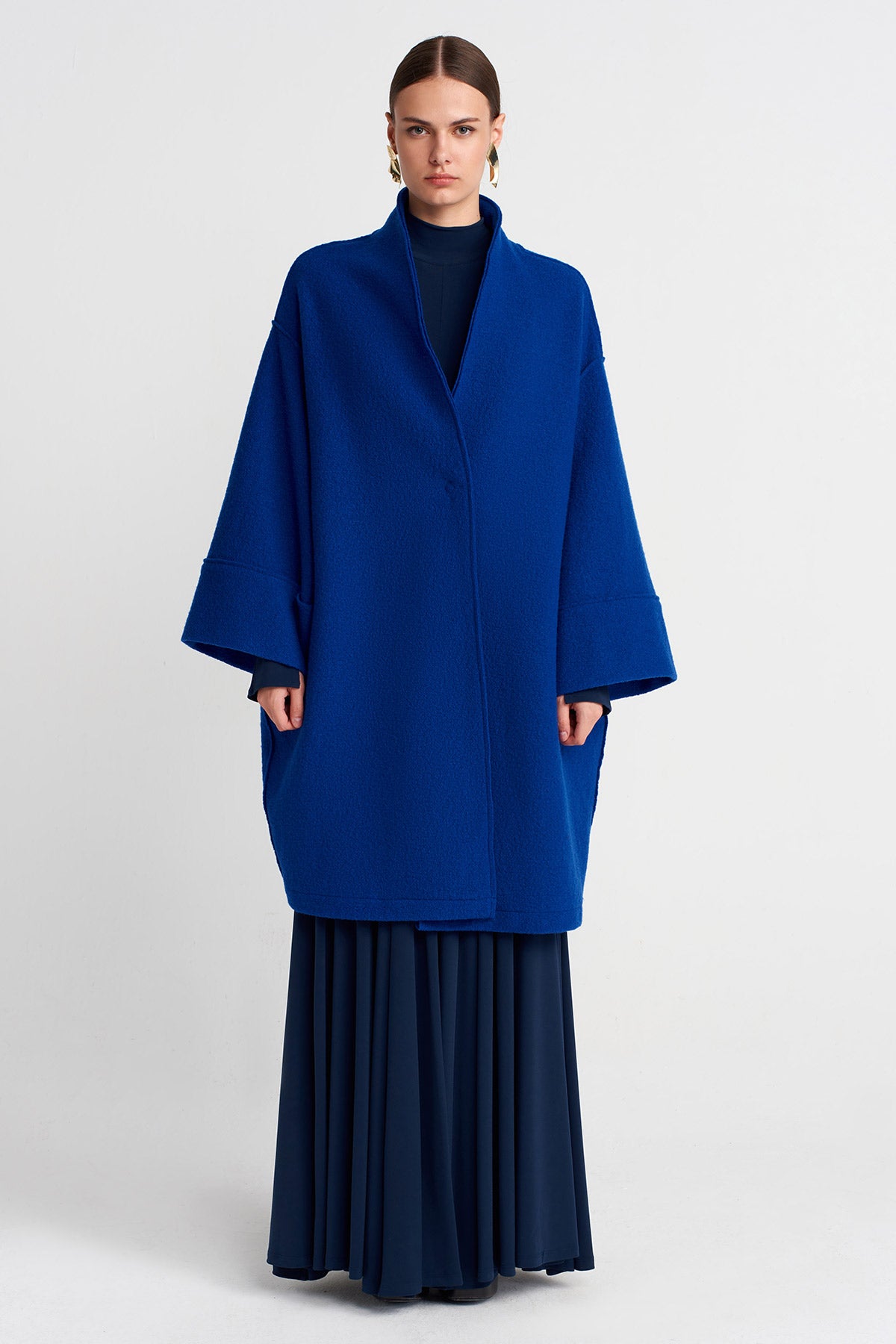 Navy Blue Long Wool Oversize Coat-K255015115