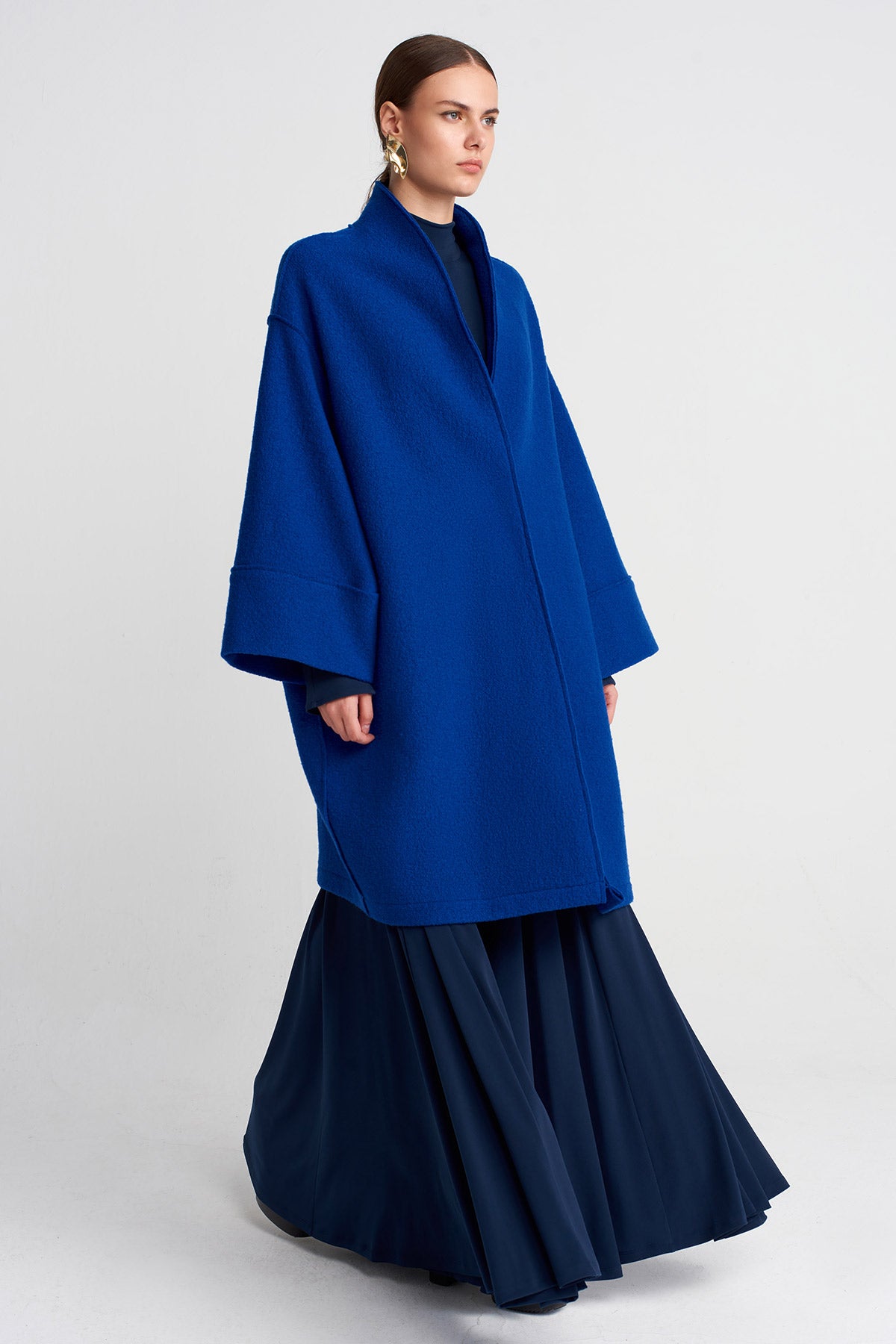 Navy Blue Long Wool Oversize Coat-K255015115