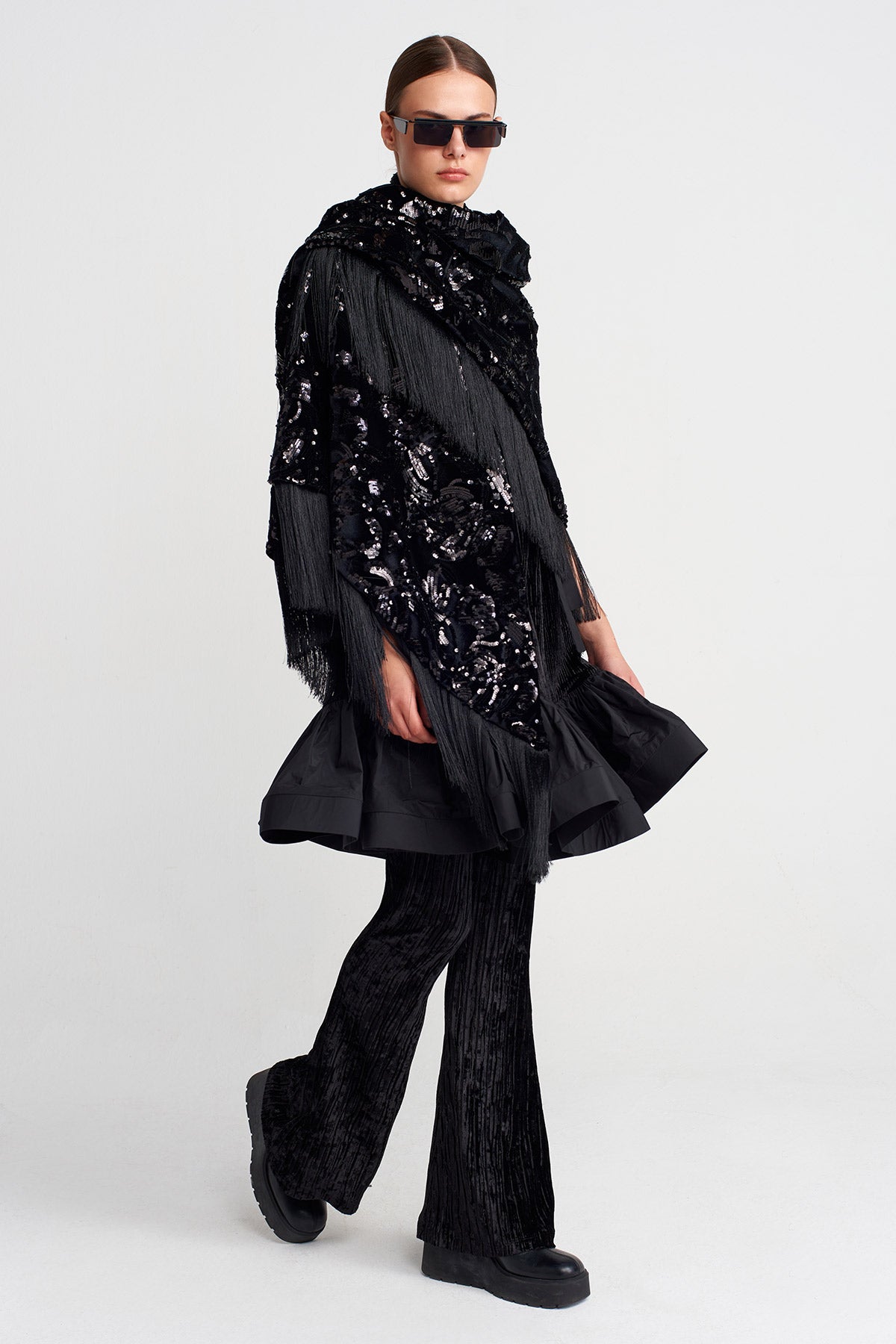 Black Tasseled Sequin Embroidered Shawl-K256016017