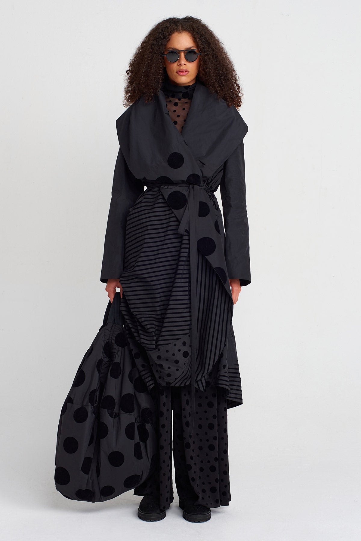 Multicolor Striped and Polka Dot Taffeta Draped Coat-K257017004