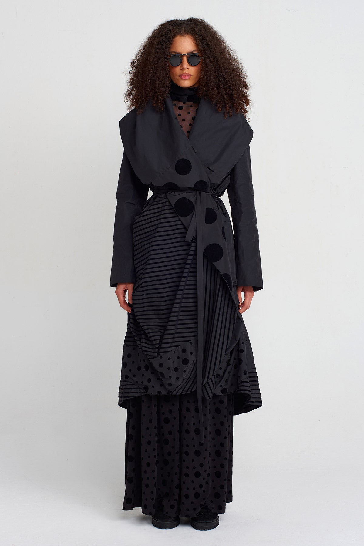 Multicolor Striped and Polka Dot Taffeta Draped Coat-K257017004