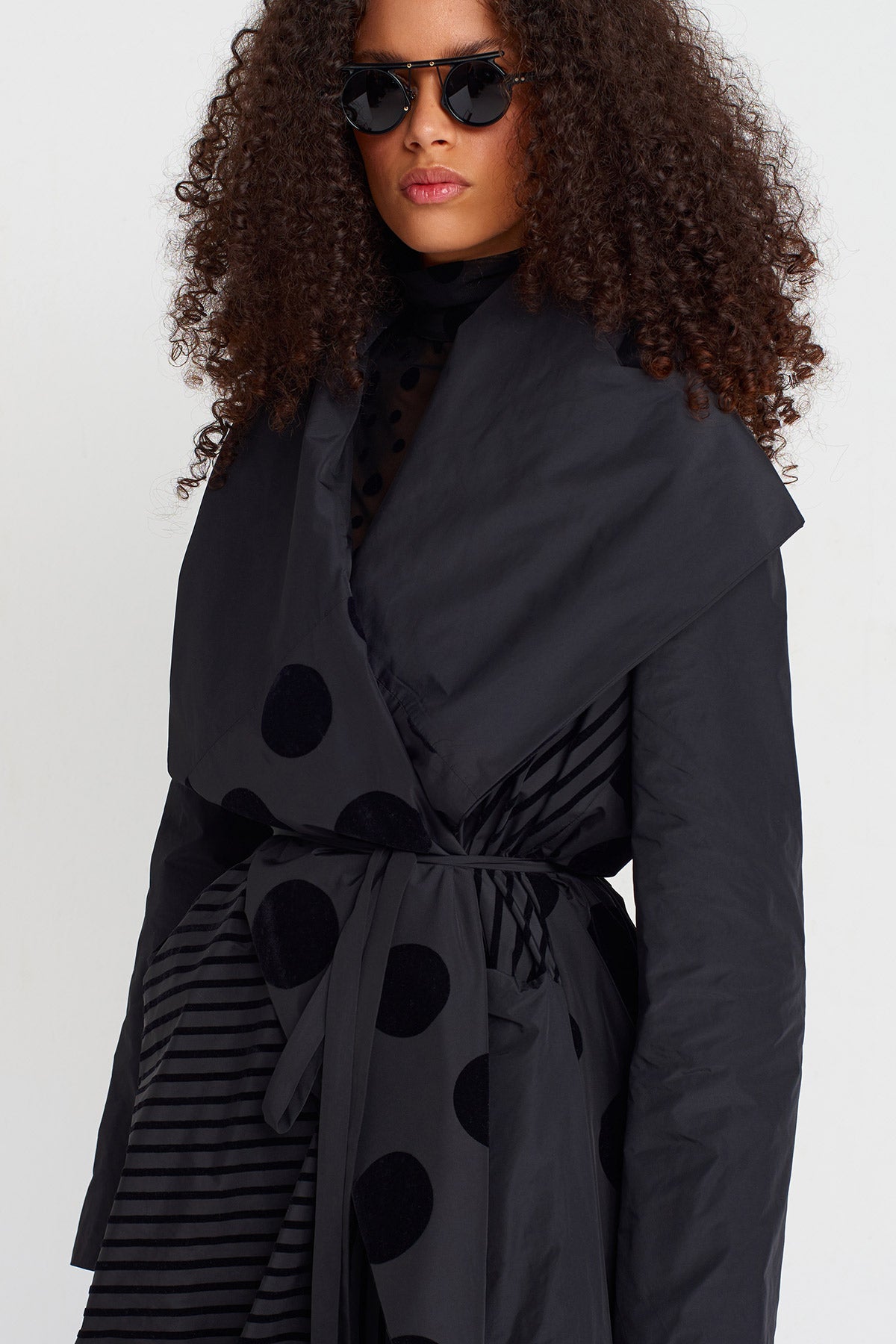 Multicolor Striped and Polka Dot Taffeta Draped Coat-K257017004