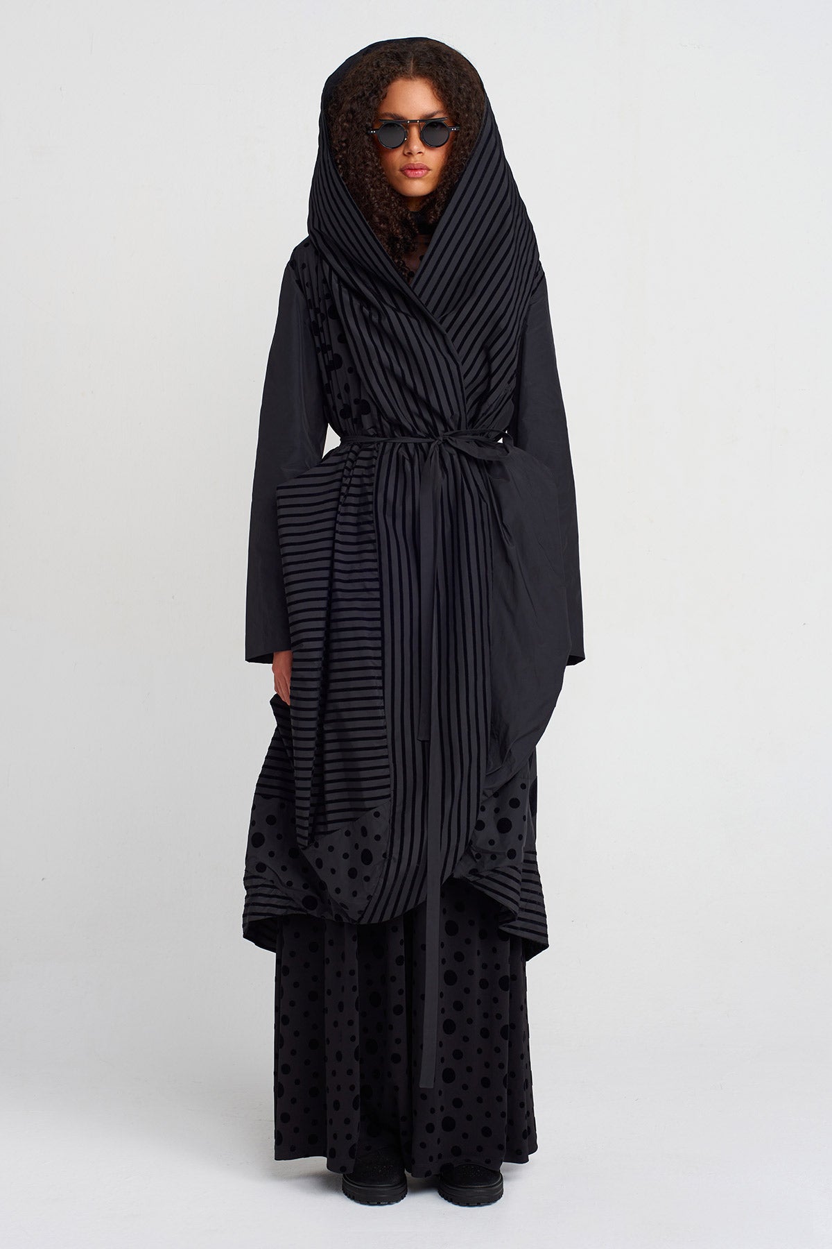 Multicolor Striped and Polka Dot Taffeta Draped Coat-K257017004