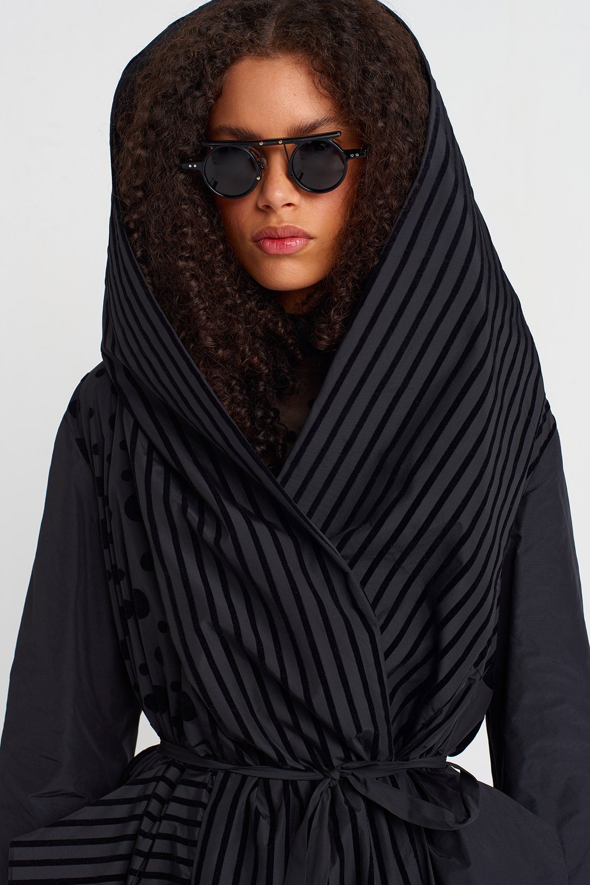 Multicolor Striped and Polka Dot Taffeta Draped Coat-K257017004