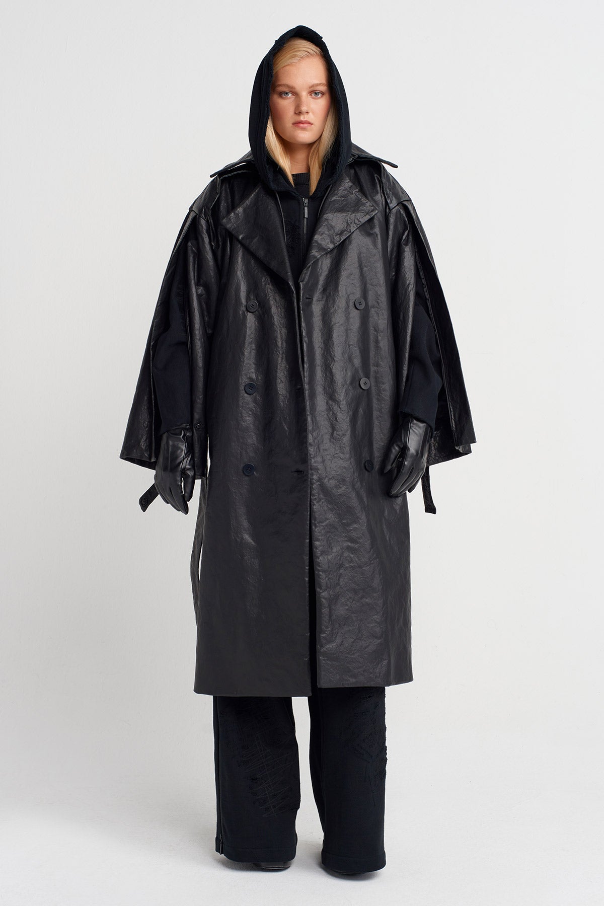 Siyah Oversize Deri Trençkot-K257017013