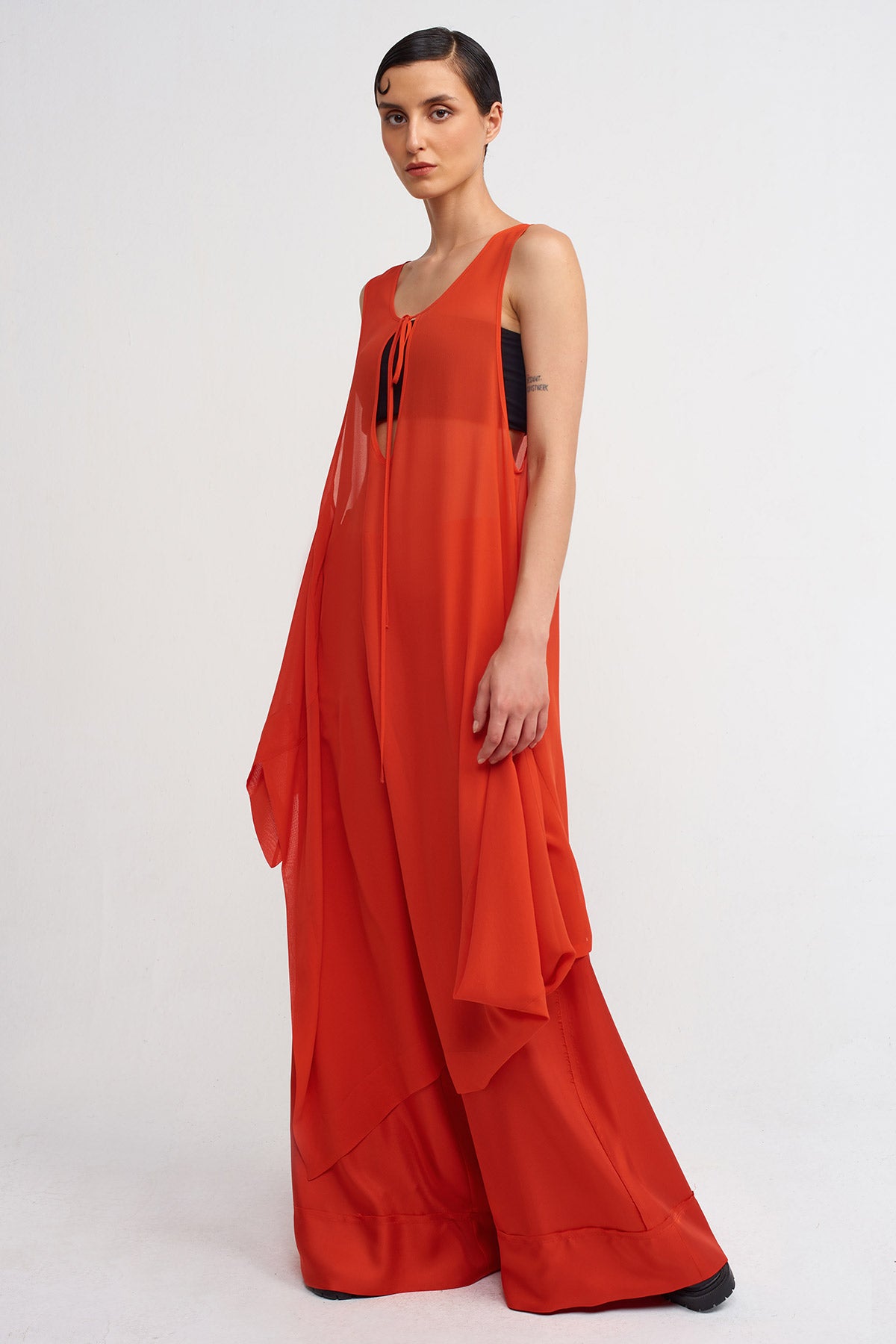 Kırmızı Şifon Asimetrik Tunik Elbise-Y244014012