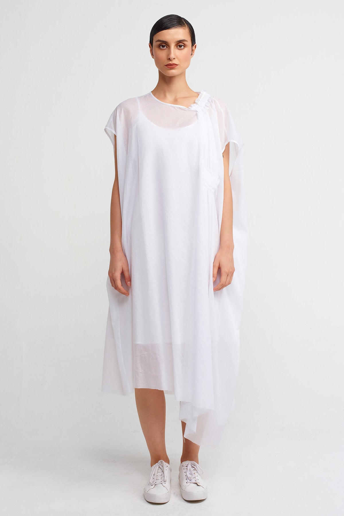Kırık Beyaz Yakada Lastik Detaylı Vual Elbise-Y244014033