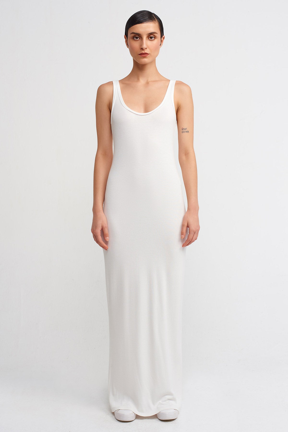 Kırık Beyaz Uzun Dar Ribana Elbise-Y244014034