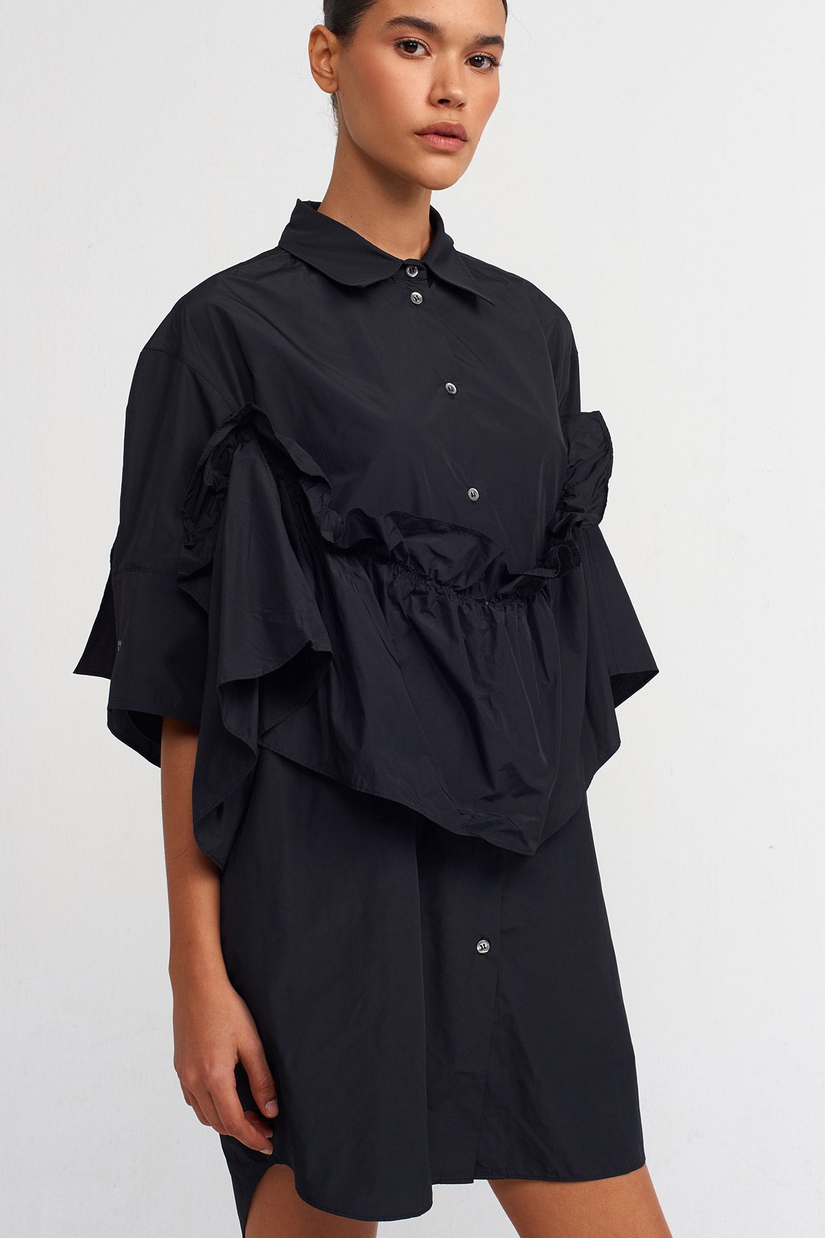 Siyah Tafta Gömlek Elbise-Y244014050