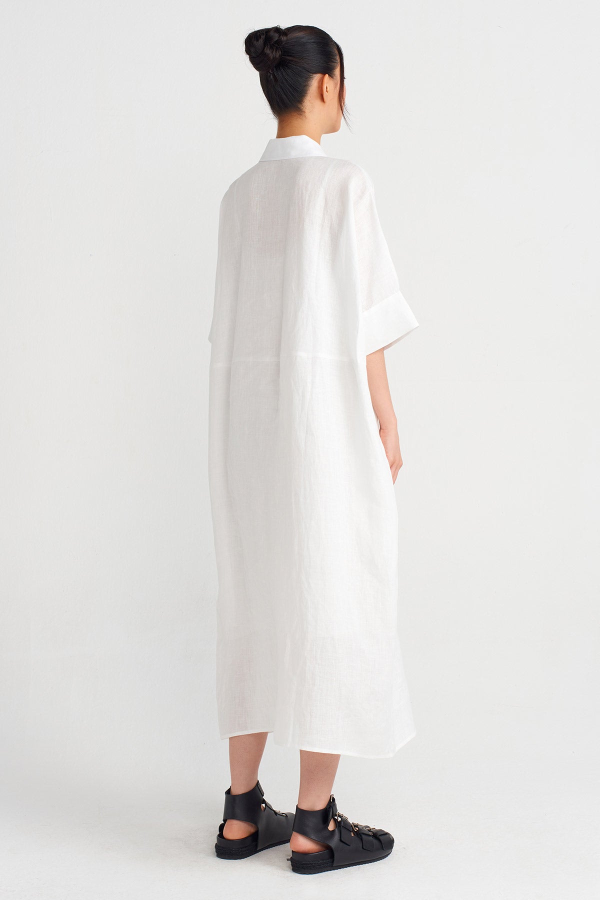 Kırık Beyaz Keten Gömlek Elbise-Y244014055