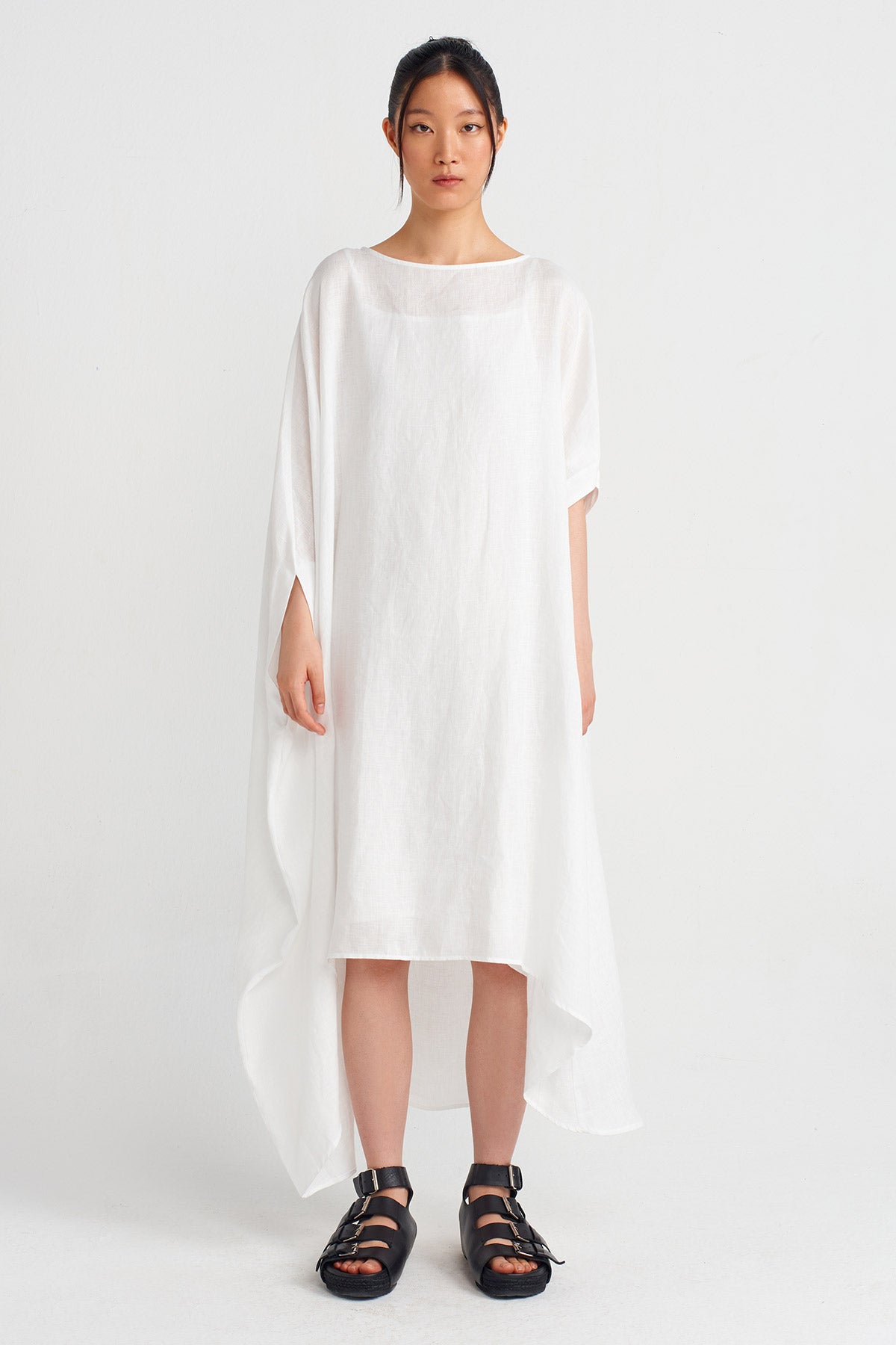 Kırık Beyaz Bir Kolu Pelerin Keten Elbise-Y244014056
