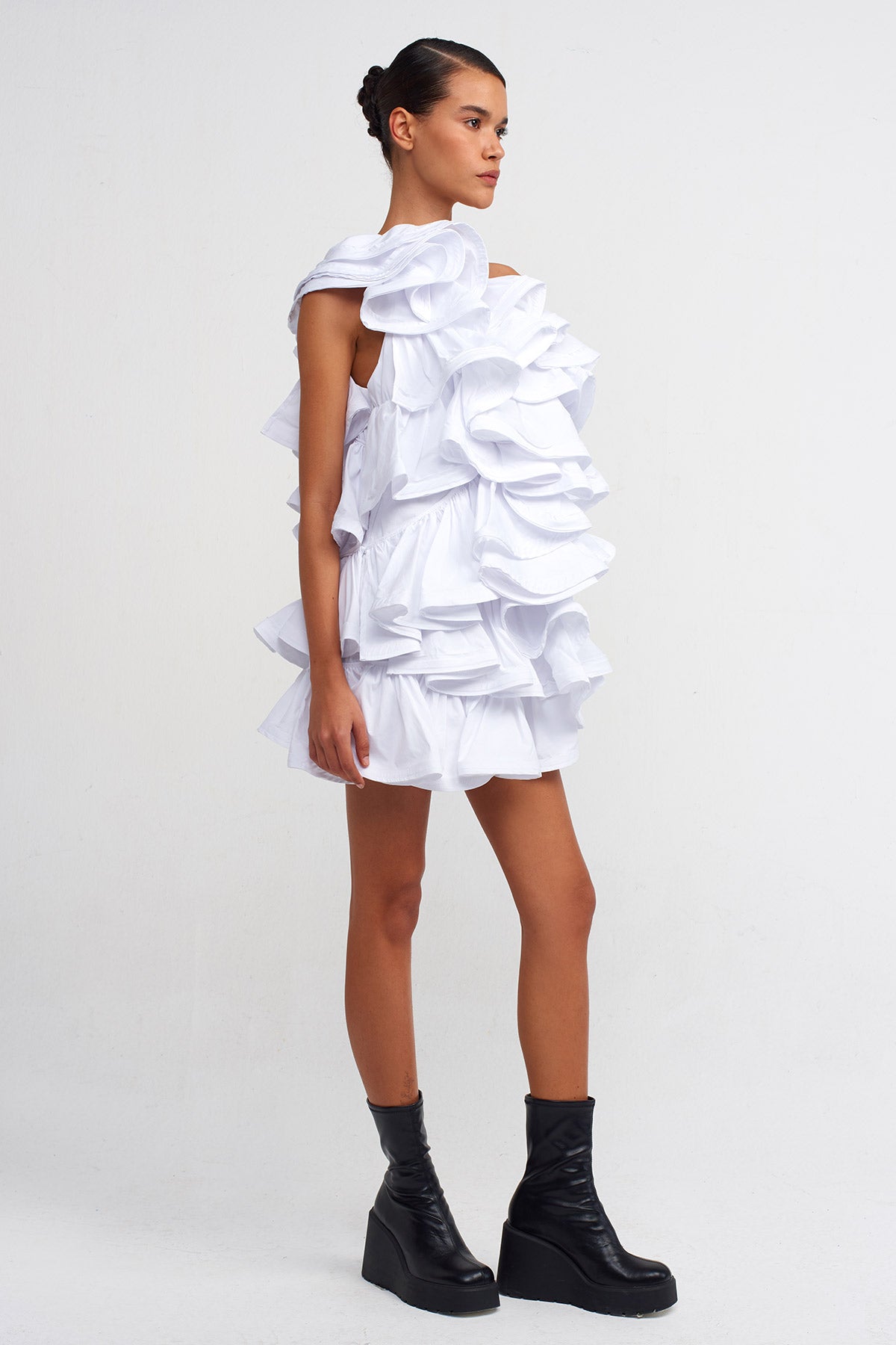 Kırık Beyaz Kısa Poplin Fırfır Elbise-Y244014061