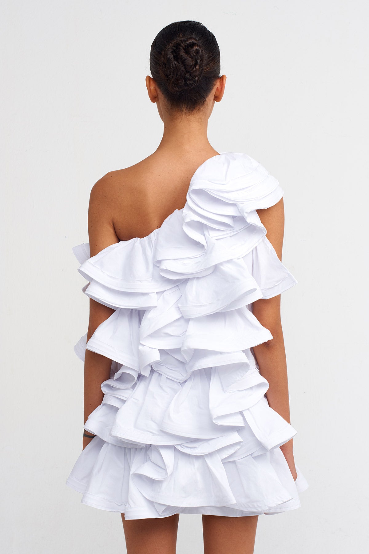 Kırık Beyaz Kısa Poplin Fırfır Elbise-Y244014061