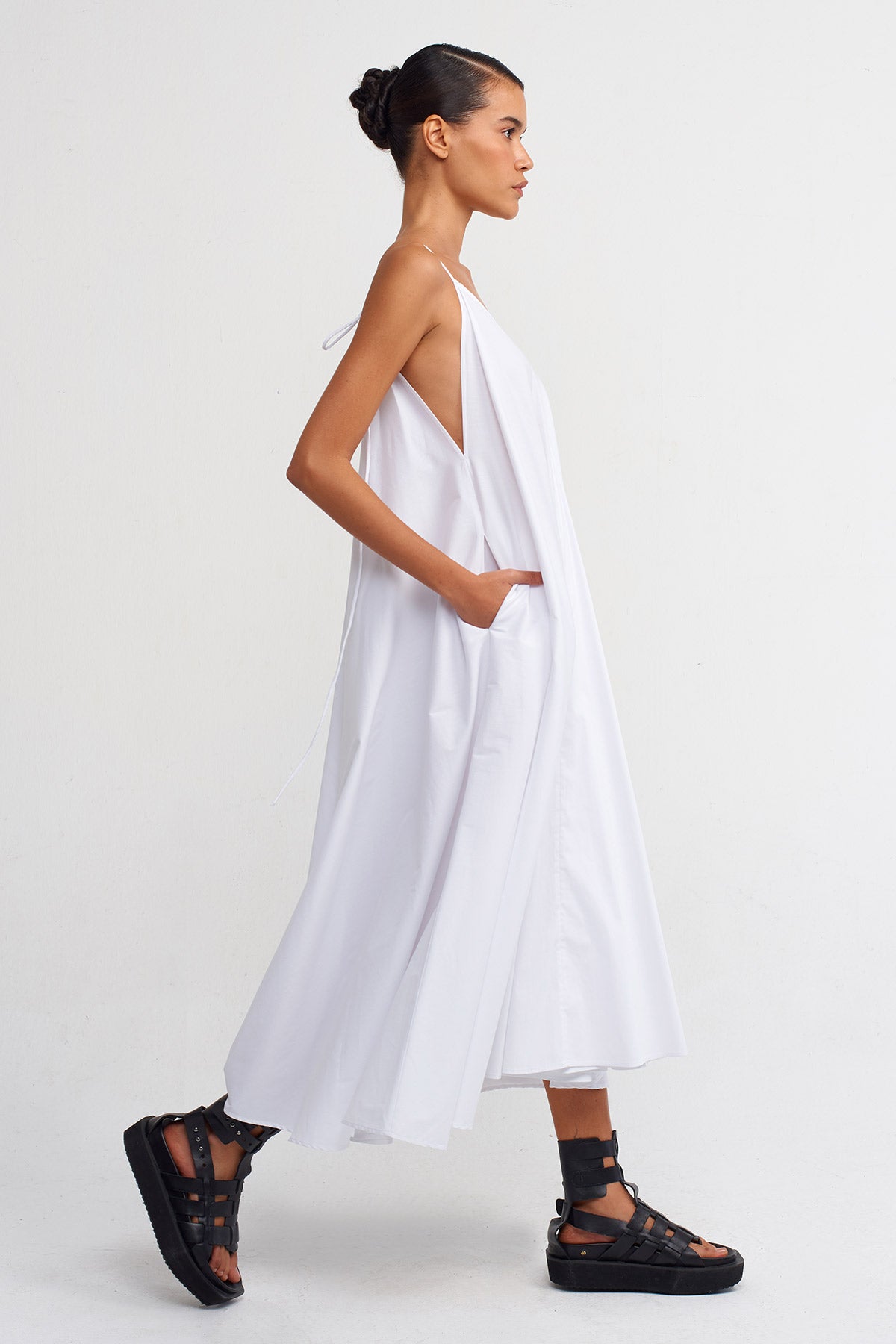 Kırık Beyaz Askılı Poplin Elbise-Y244014064