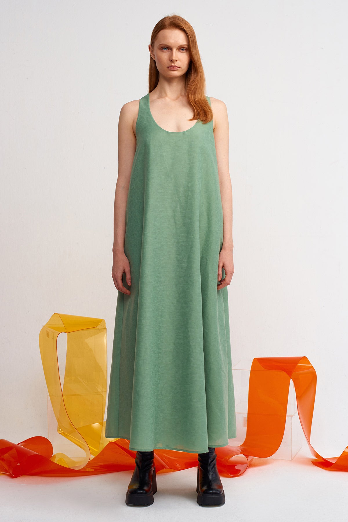 Yeşil Uzun Bol Elbise-Y244014099