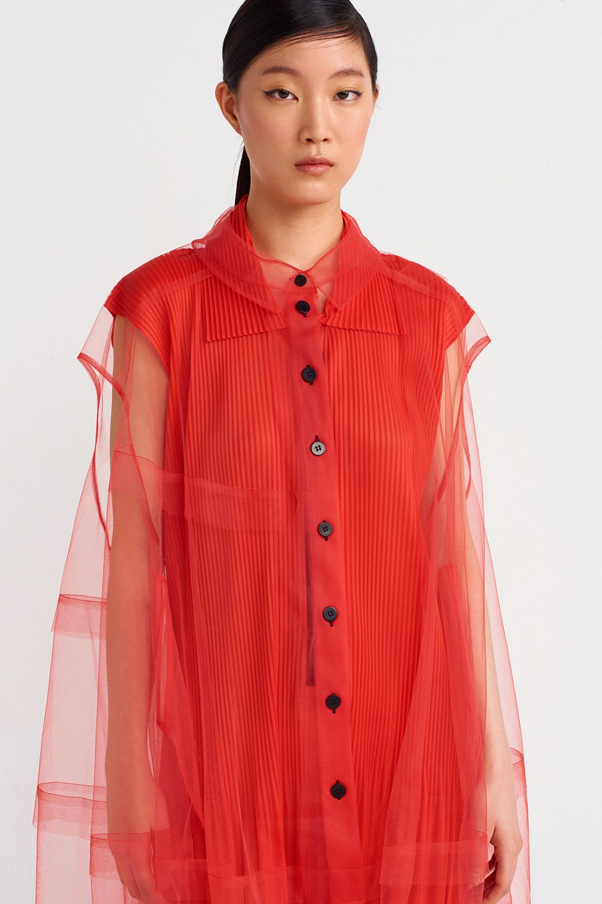 Kırmızı Gömlek Yakalı Tül Elbise-Y244014124