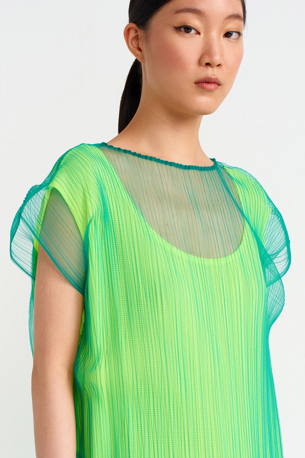 Neon Astarlı Plise Tül Elbise-Y244014126