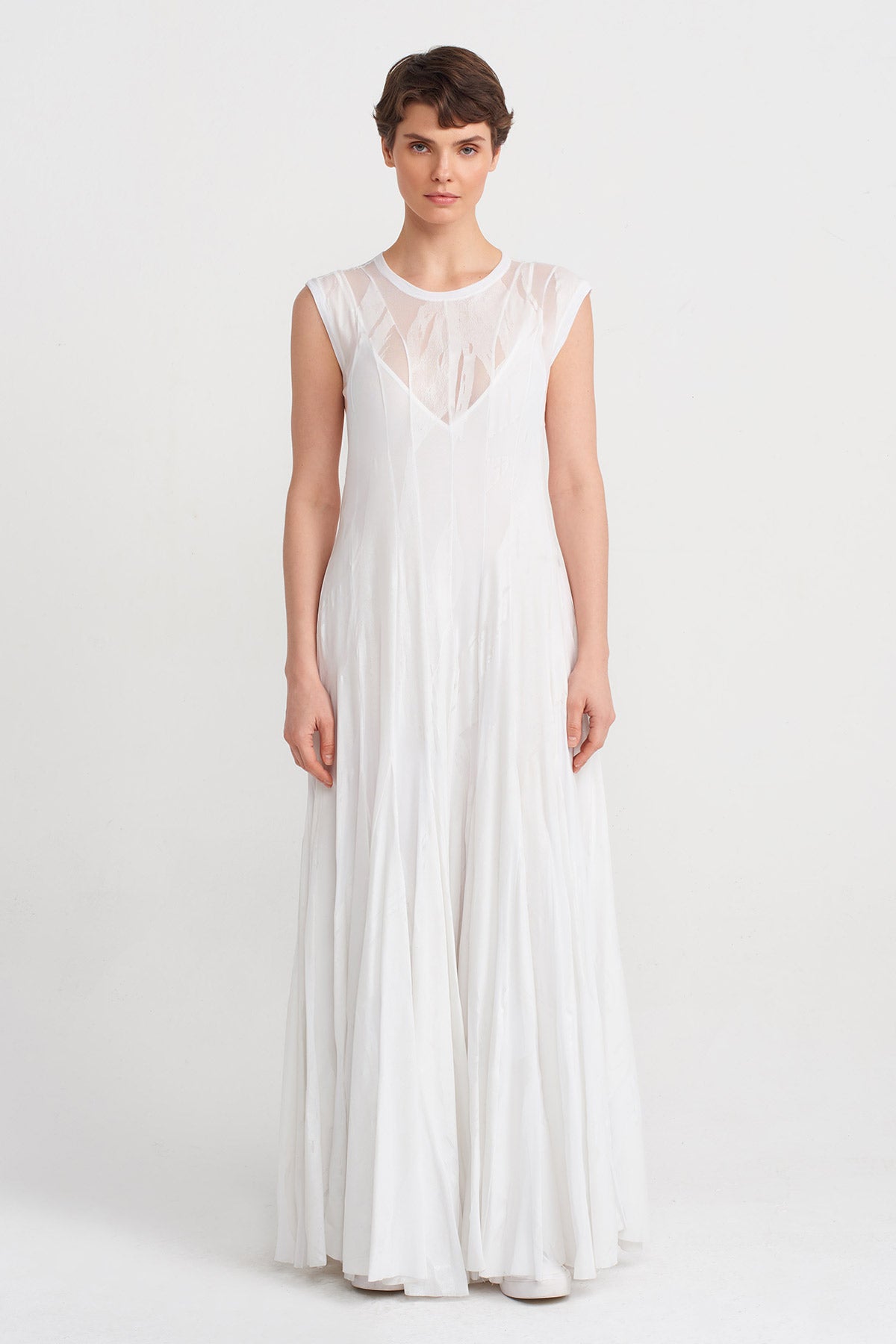 Kırık Beyaz Tona Ton Baskı Desenli Uzun Şık Elbise-Y244014132
