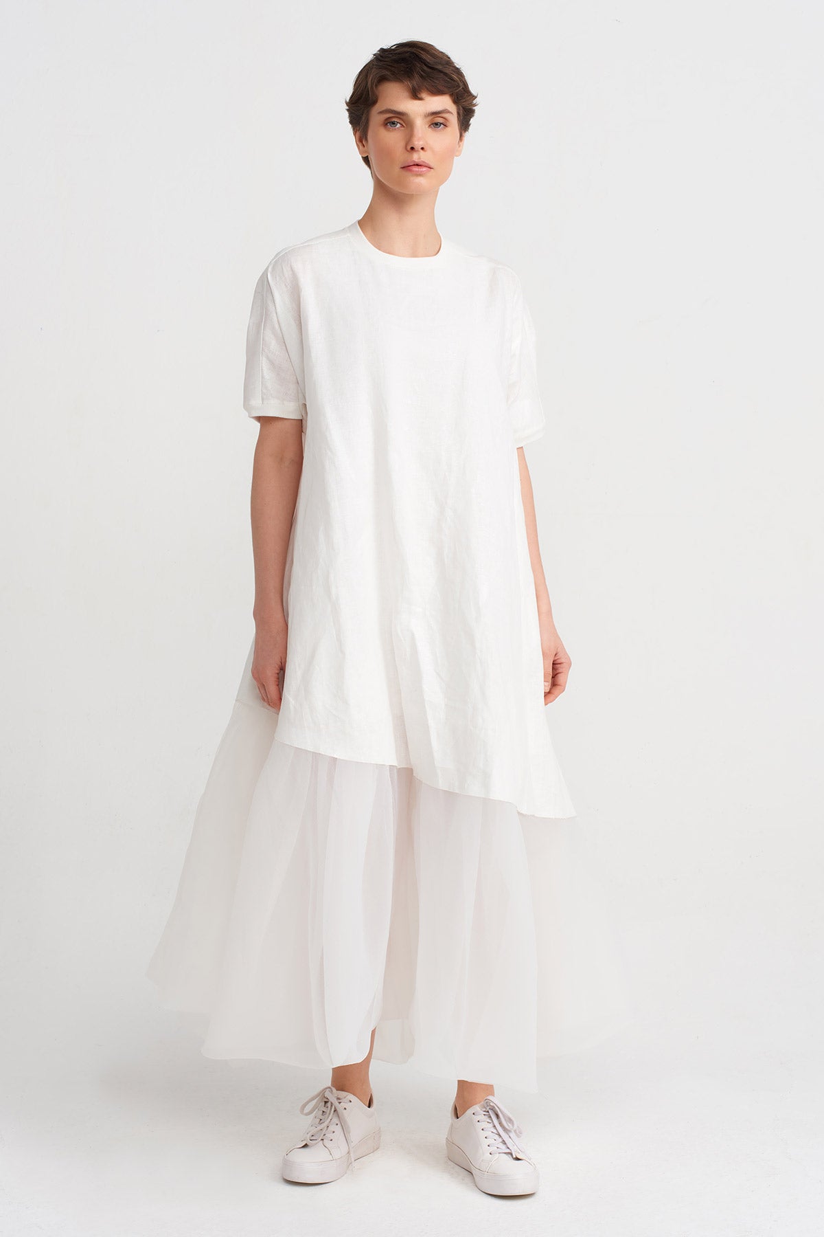 Kırık Beyaz Eteği Organze, Keten Şık Elbise-Y244014133