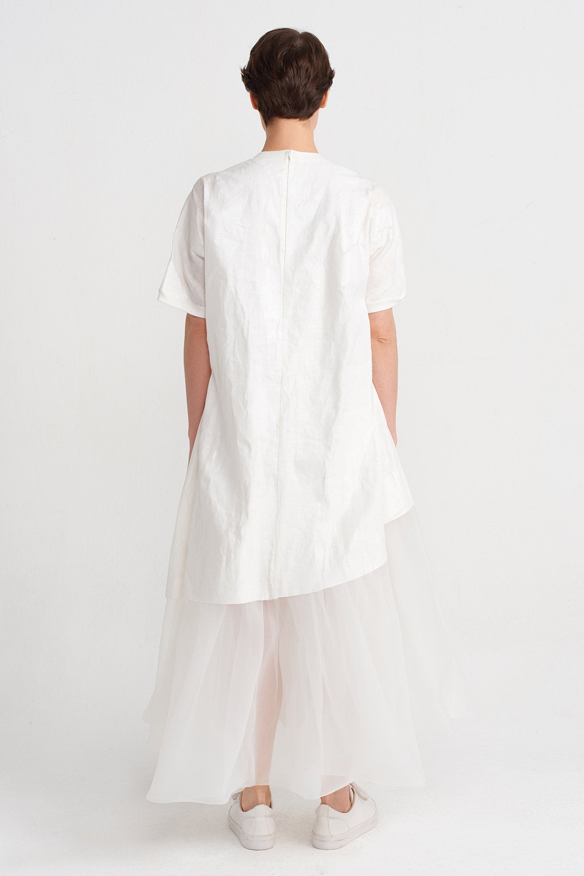 Kırık Beyaz Eteği Organze, Keten Şık Elbise-Y244014133