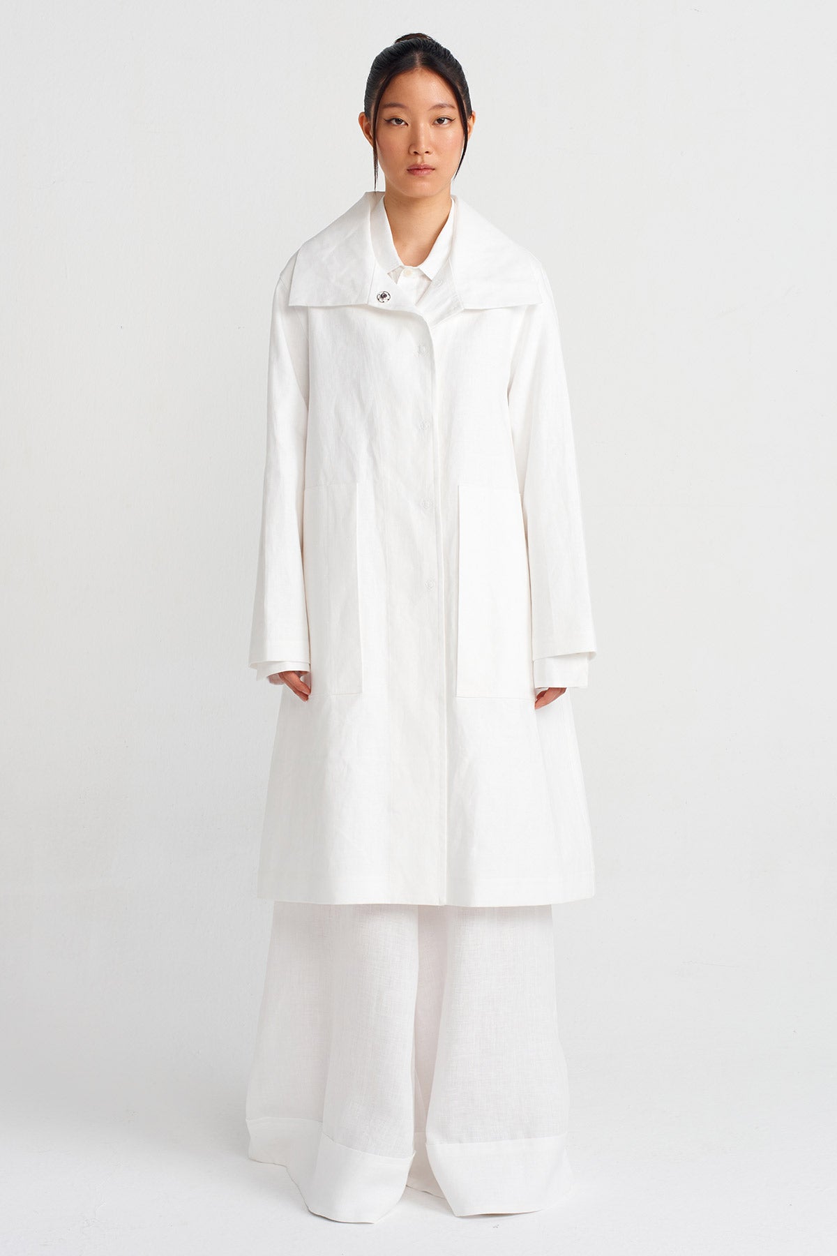 Kırık Beyaz Uzun Keten Ceket-Y245015036