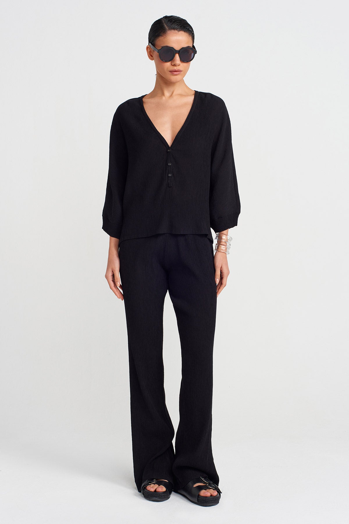 Black V Neck Buttoned Crinkle Blouse-Y251011102