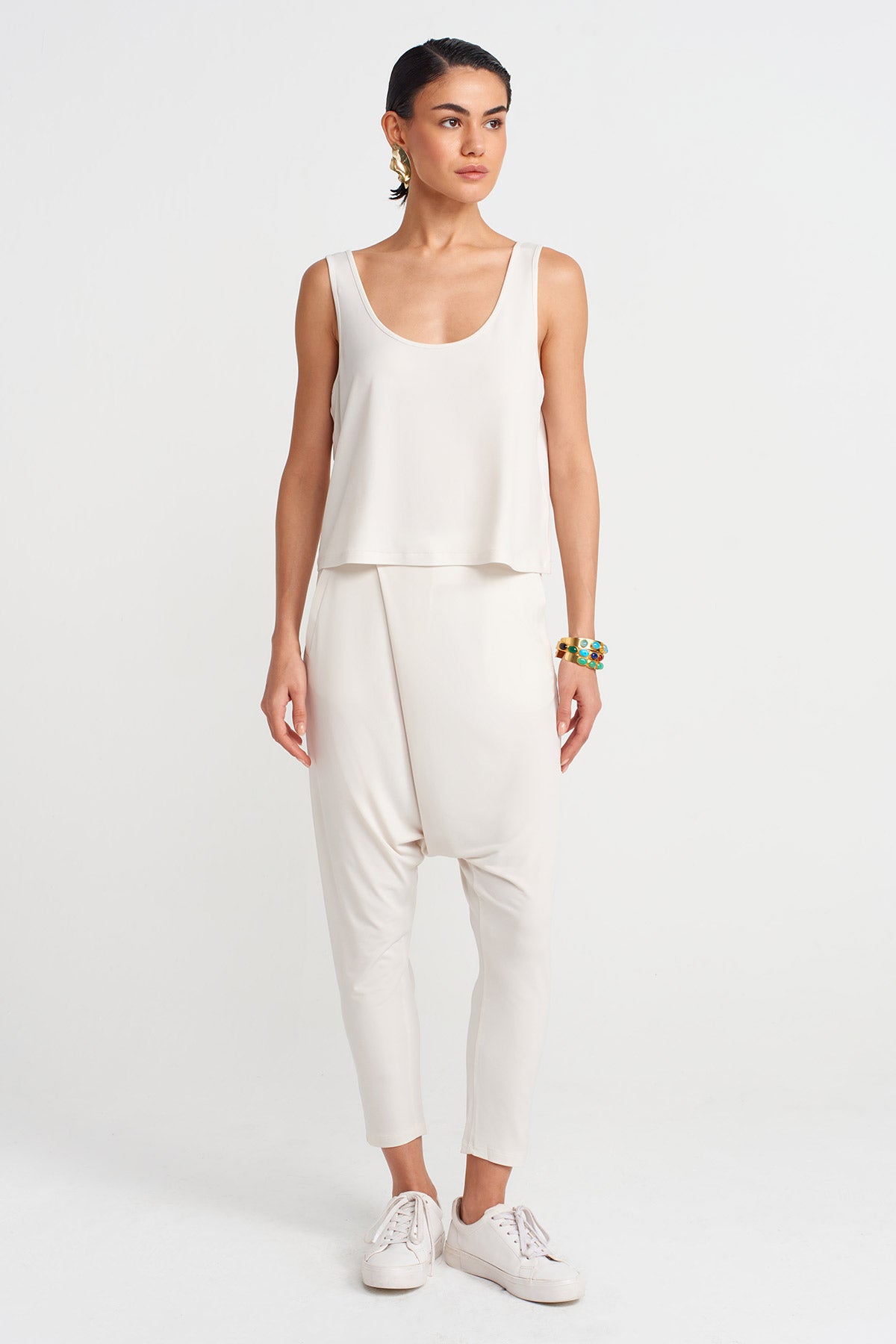 Ecru Loose Short Jersey Tank Top-Y251011121