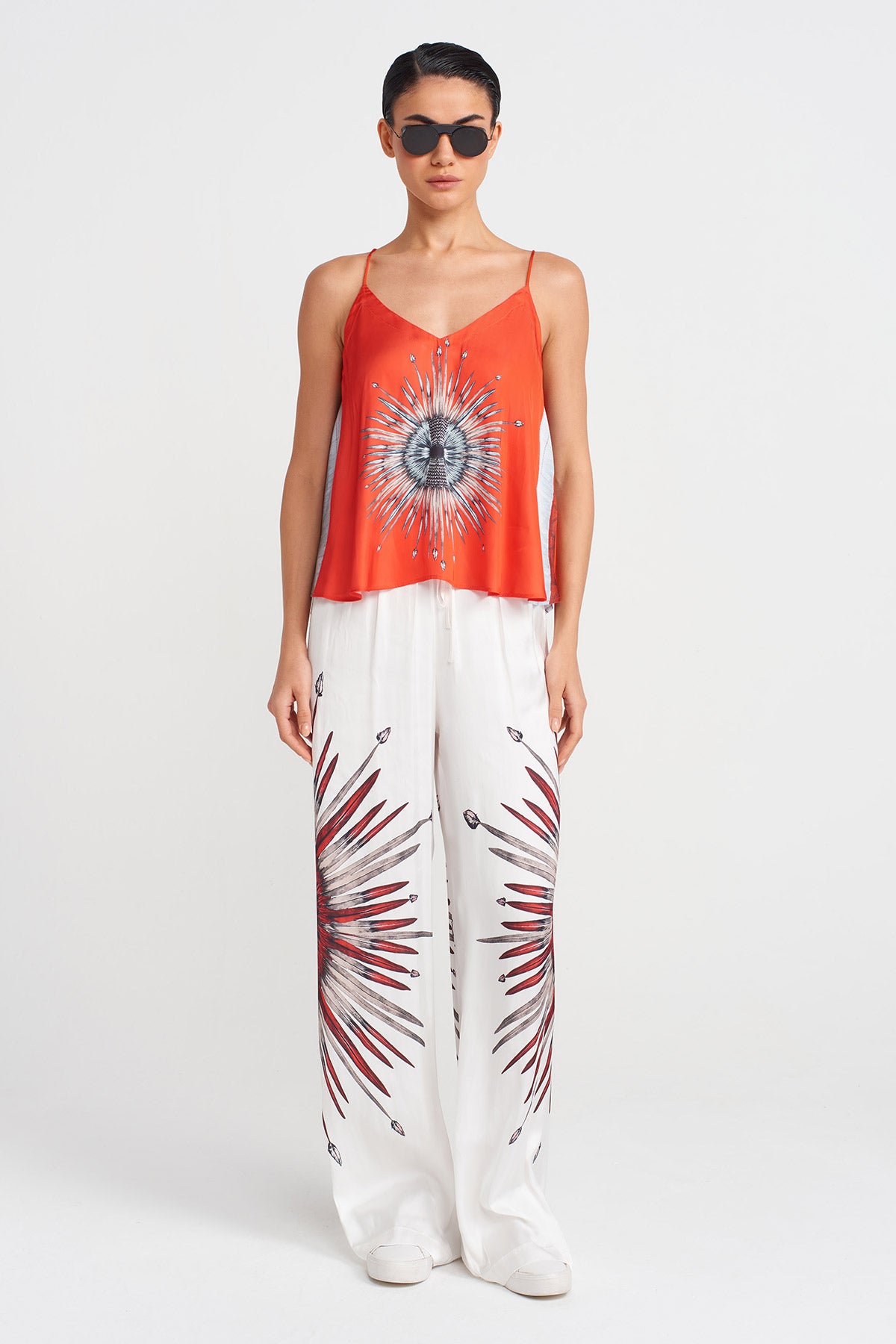 Red Patterned Thin Strap Blouse-Y251011128