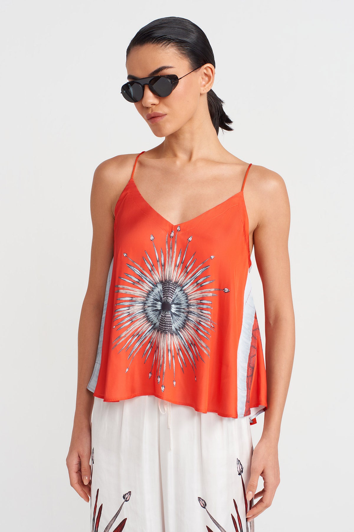 Red Patterned Thin Strap Blouse-Y251011128
