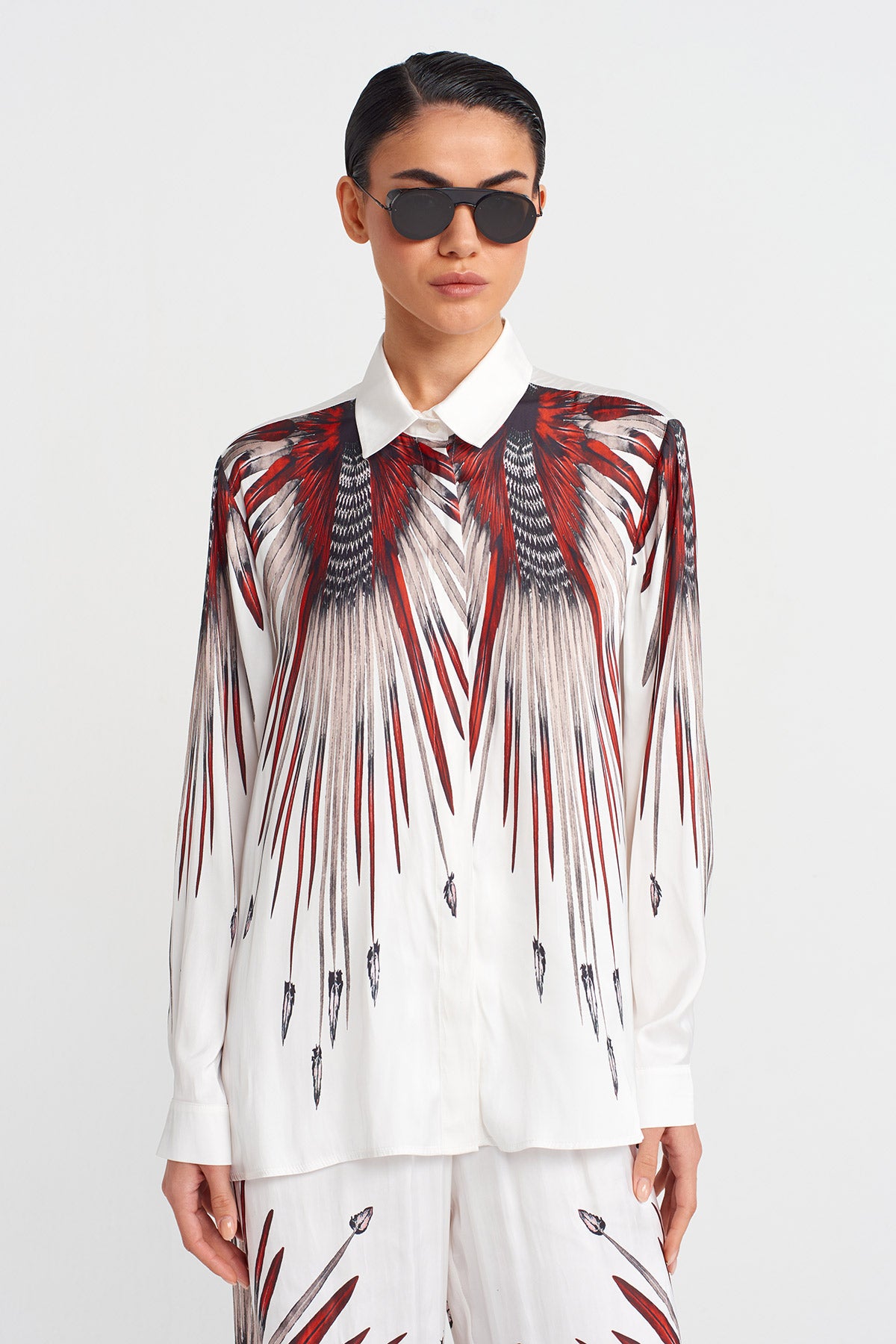 Off White Patterned Satin Shirt-Y251011129