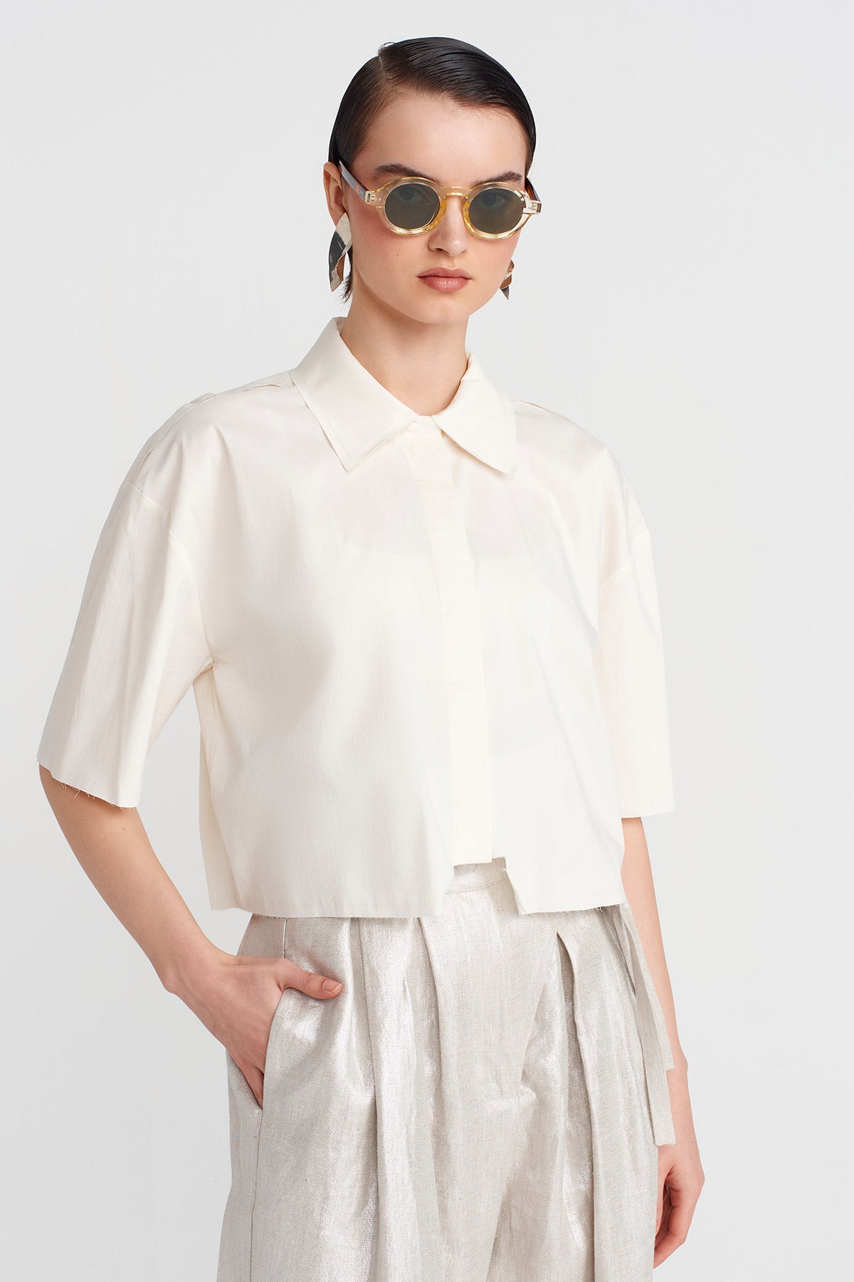 Ecru Crop poplin Shirt-Y251011144
