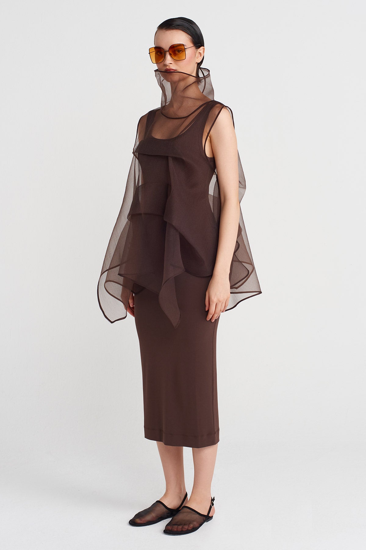 Brown Fold Detail Organza Blouse-Y251011183