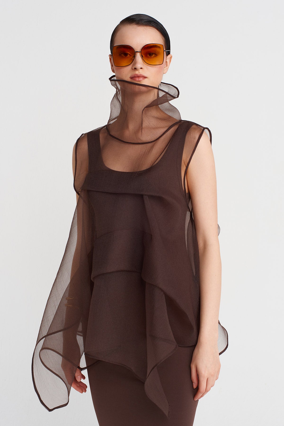 Brown Fold Detail Organza Blouse-Y251011183