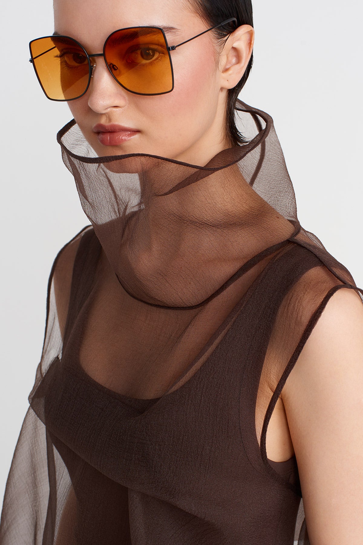 Brown Fold Detail Organza Blouse-Y251011183