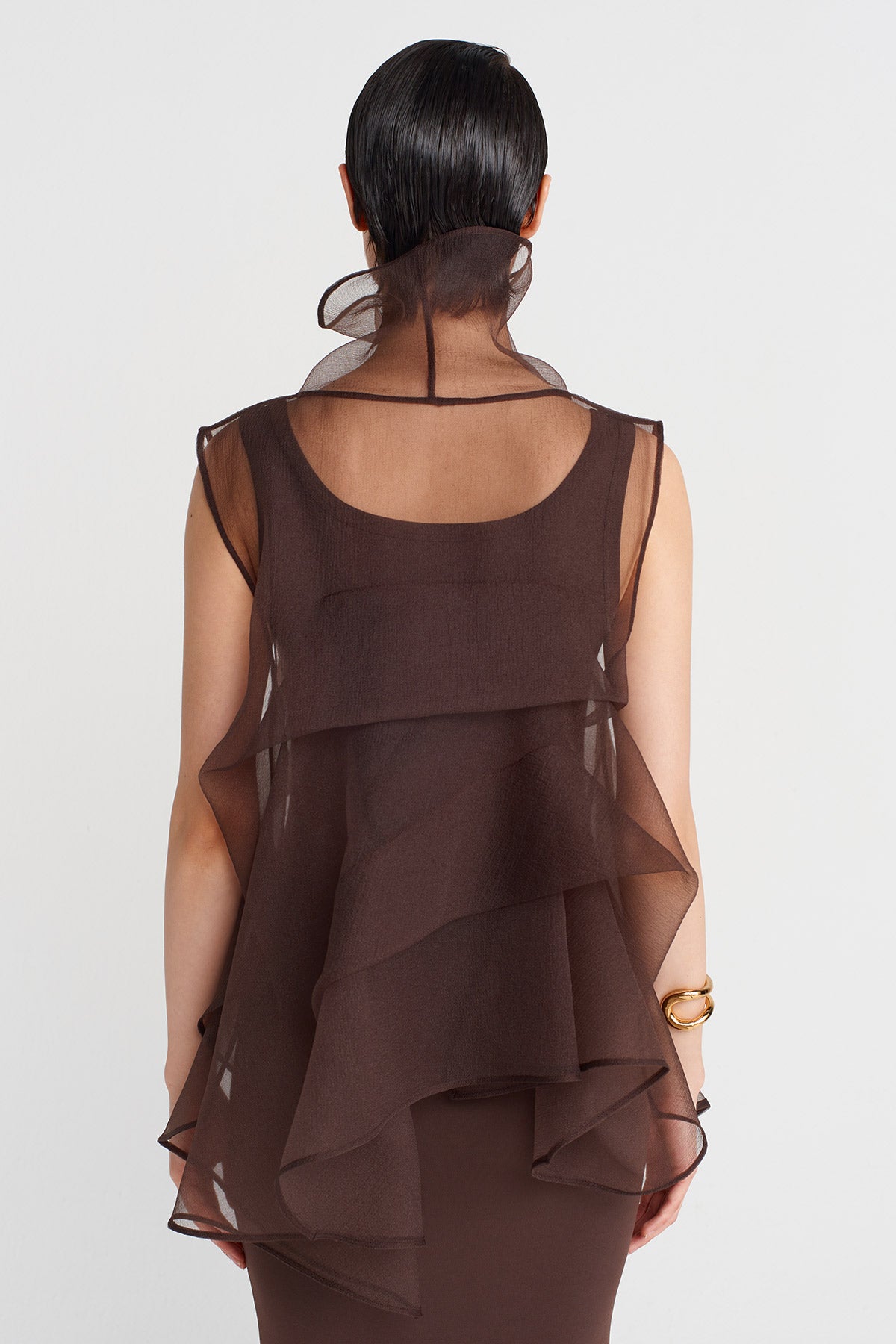 Brown Fold Detail Organza Blouse-Y251011183