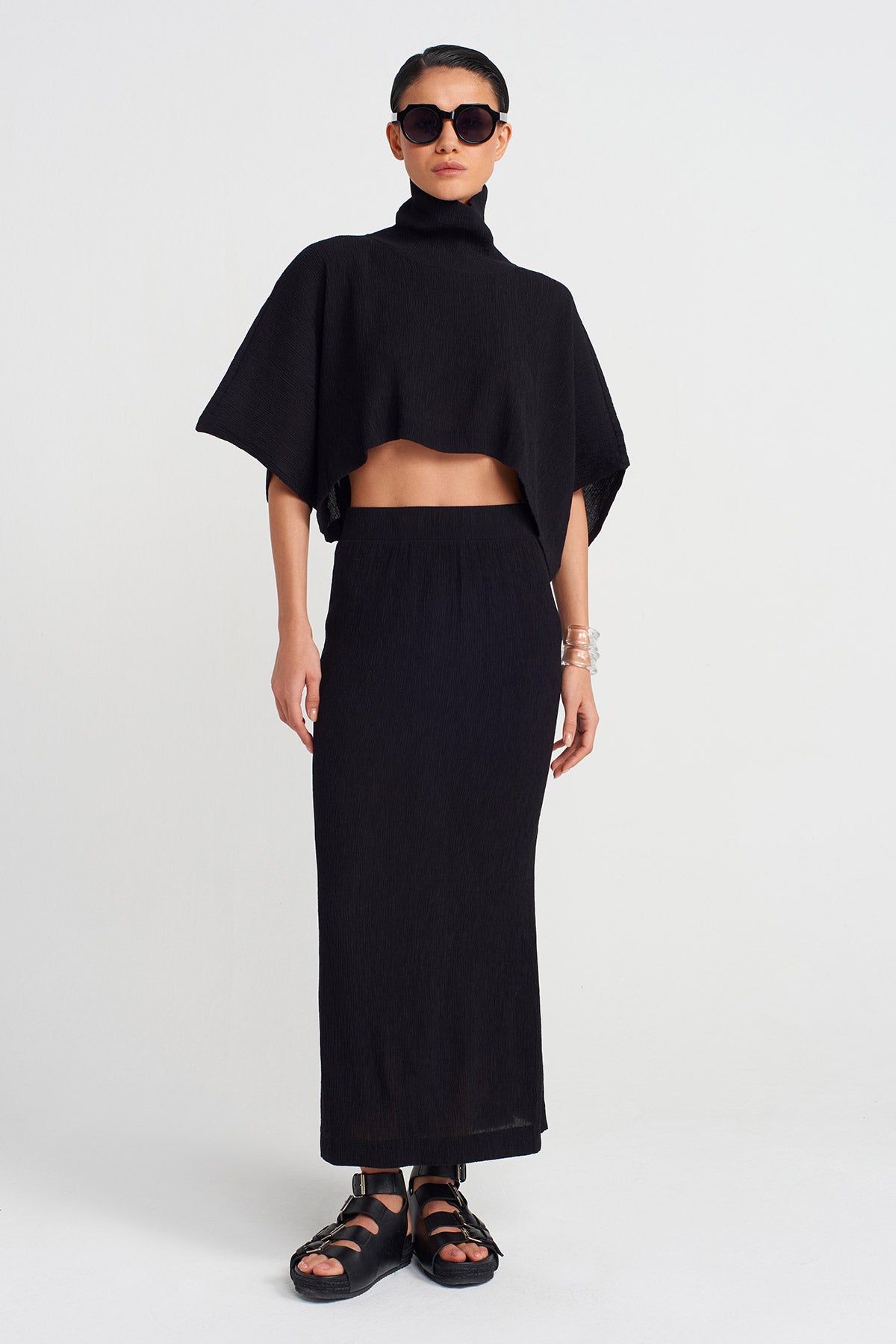 Black Crinkle Midi Skirt-Y252012019