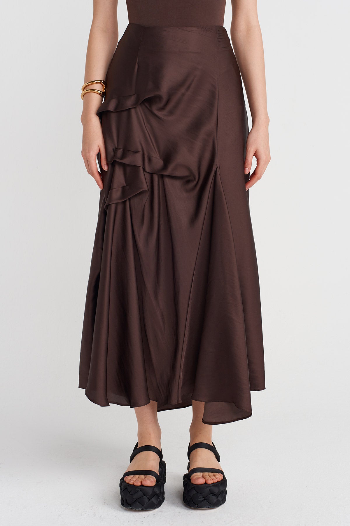 Brown Fold Detail Satin Skirt-Y252012033