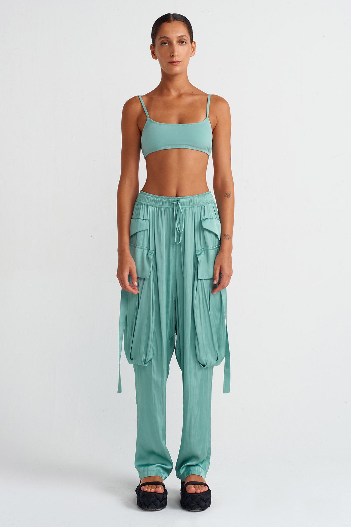 Turquoise Pocket Satin Trousers-Y253013015