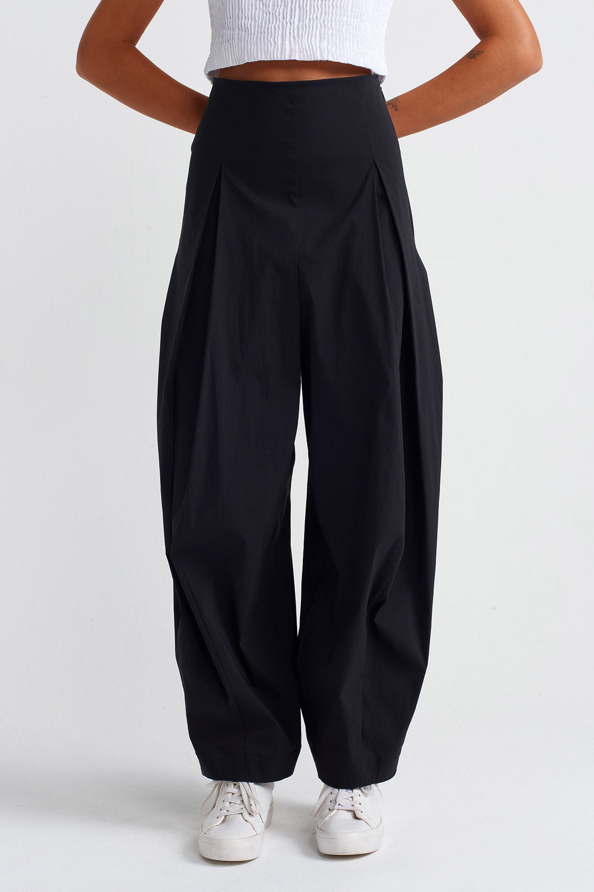 Black High Waist Wide Poplin Trousers-Y253013043