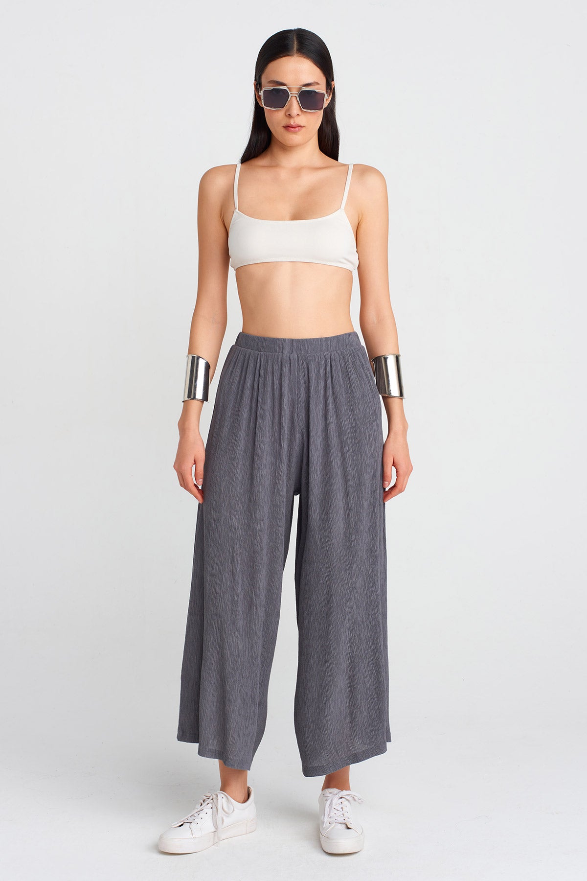 Steel Crinkle Fabric Loose Trousers-Y253013064