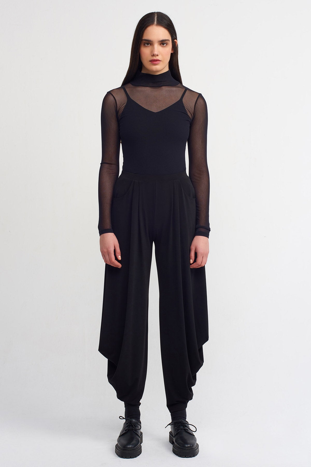 Siyah Drapeli Jarse Pantolon-Y253013075