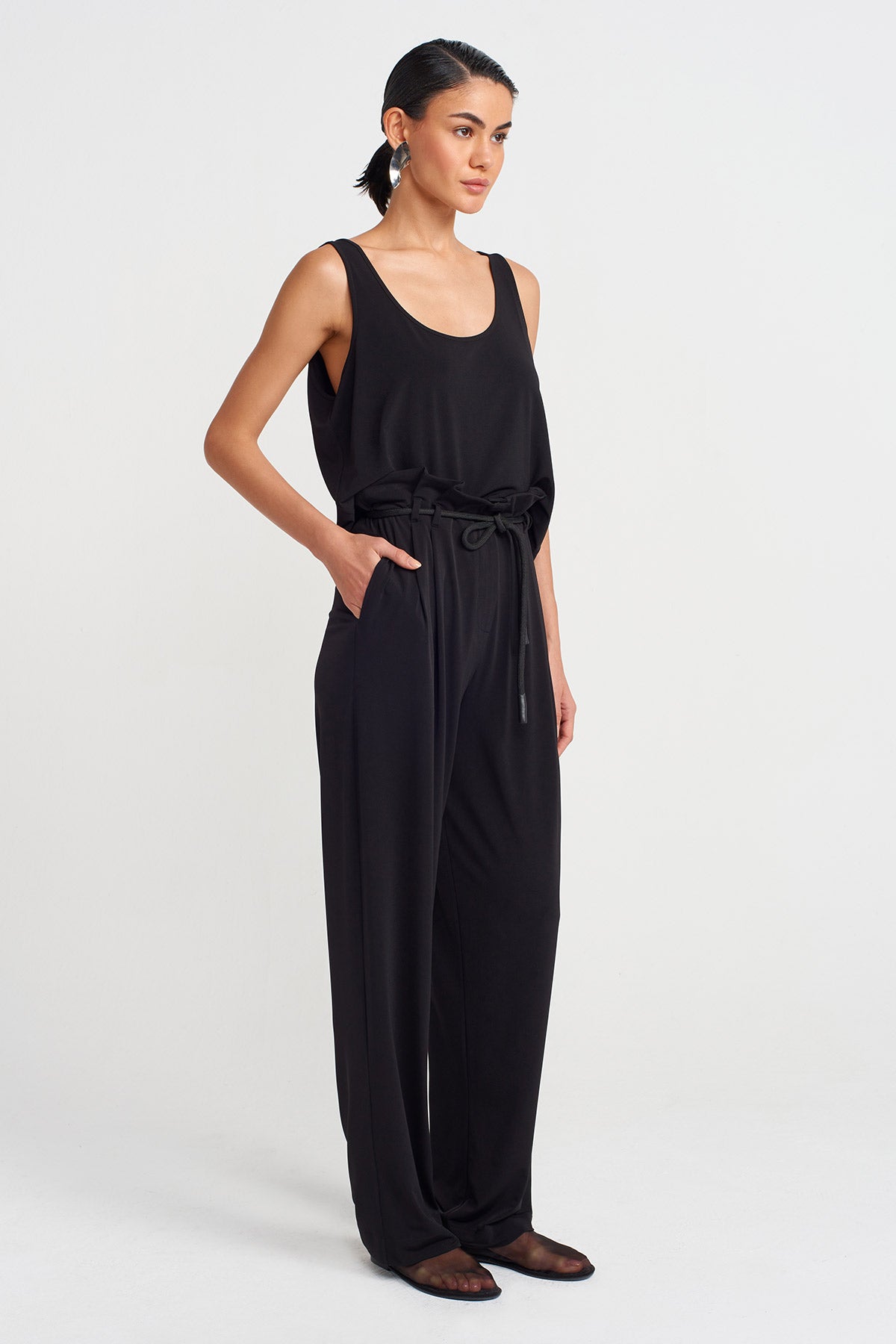 Siyah Bağcıklı Yüksek Bel Jarse Pantolon-Y253013079